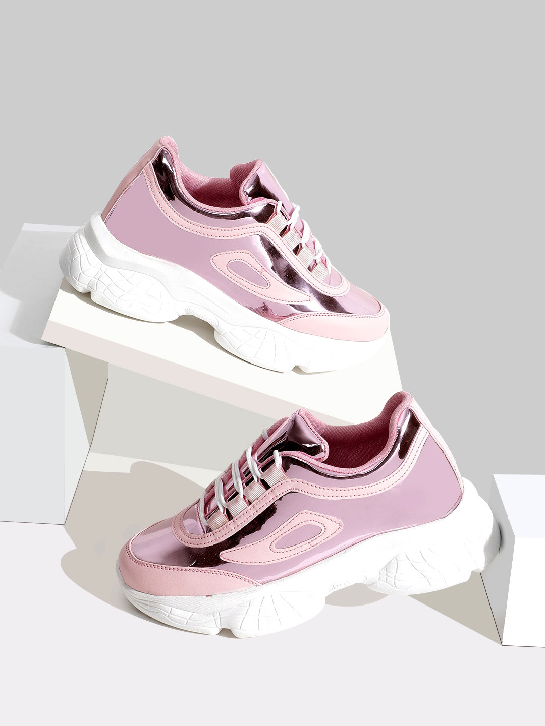 RapidBox Women Pink & Peach Colourblocked Sneakers