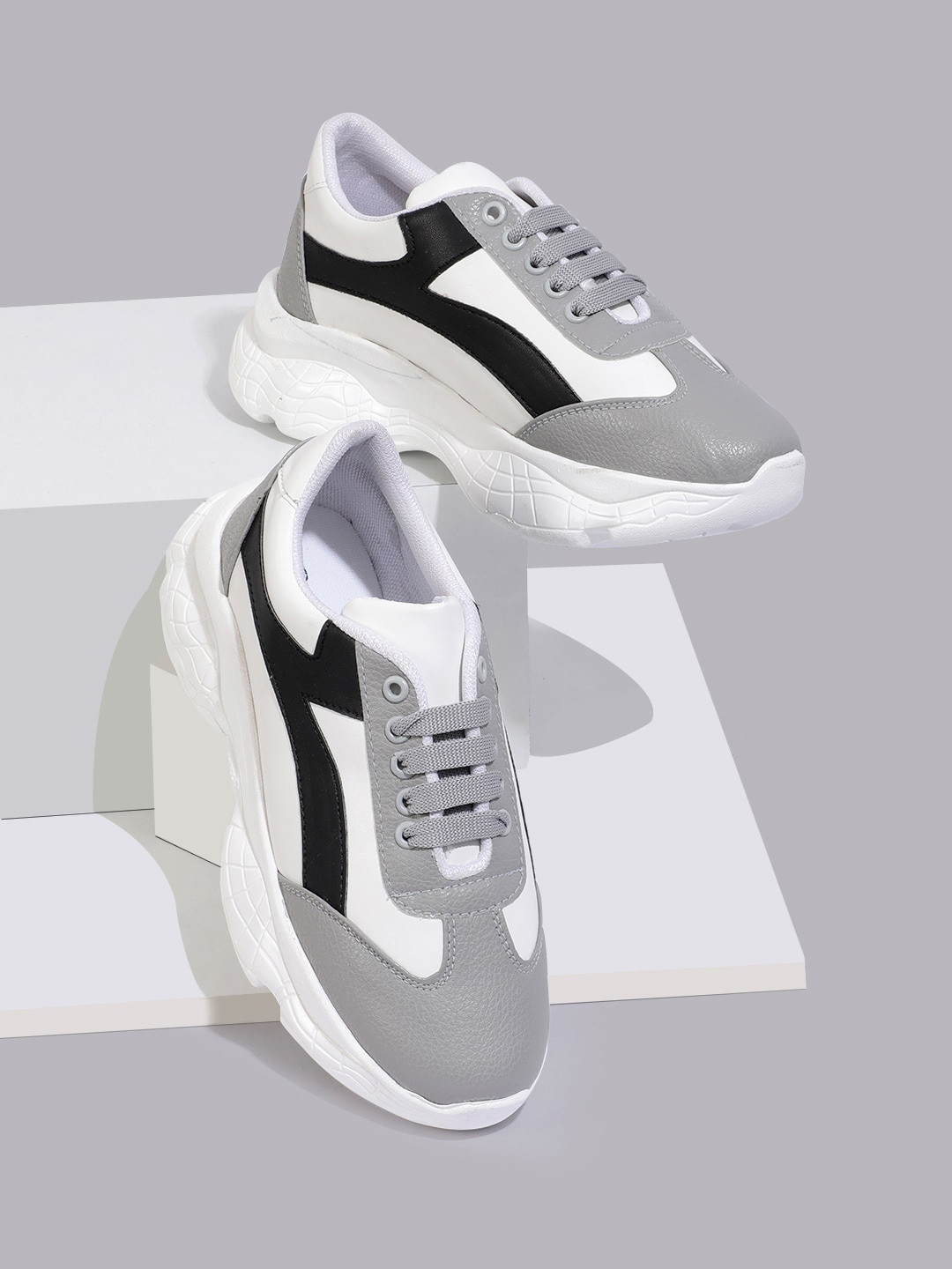 RapidBox Women White & Grey Colourblocked Sneakers