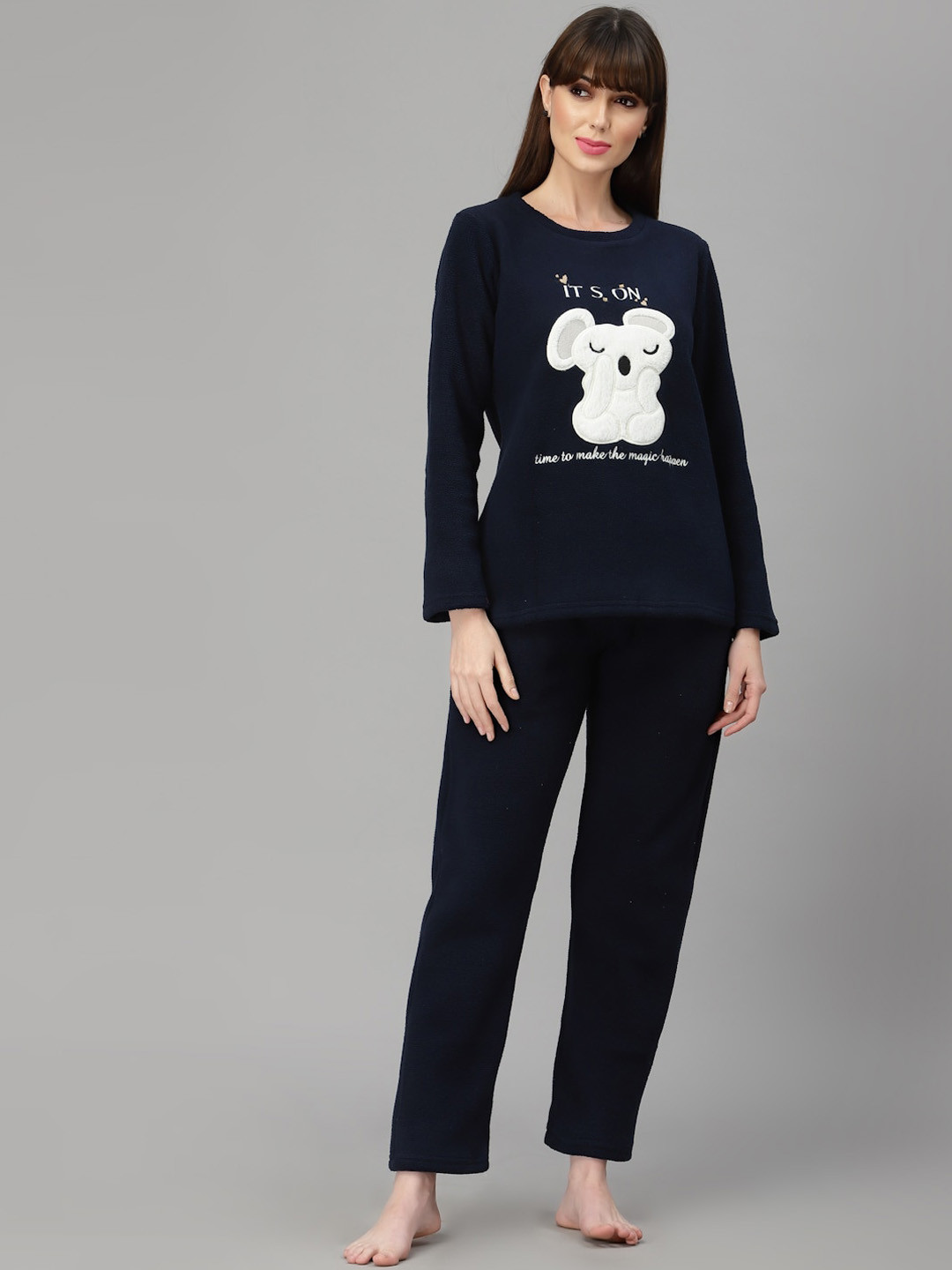 Sweet Dreams Women Super Soft Polar Fleece Applique Winter Pyjama Set