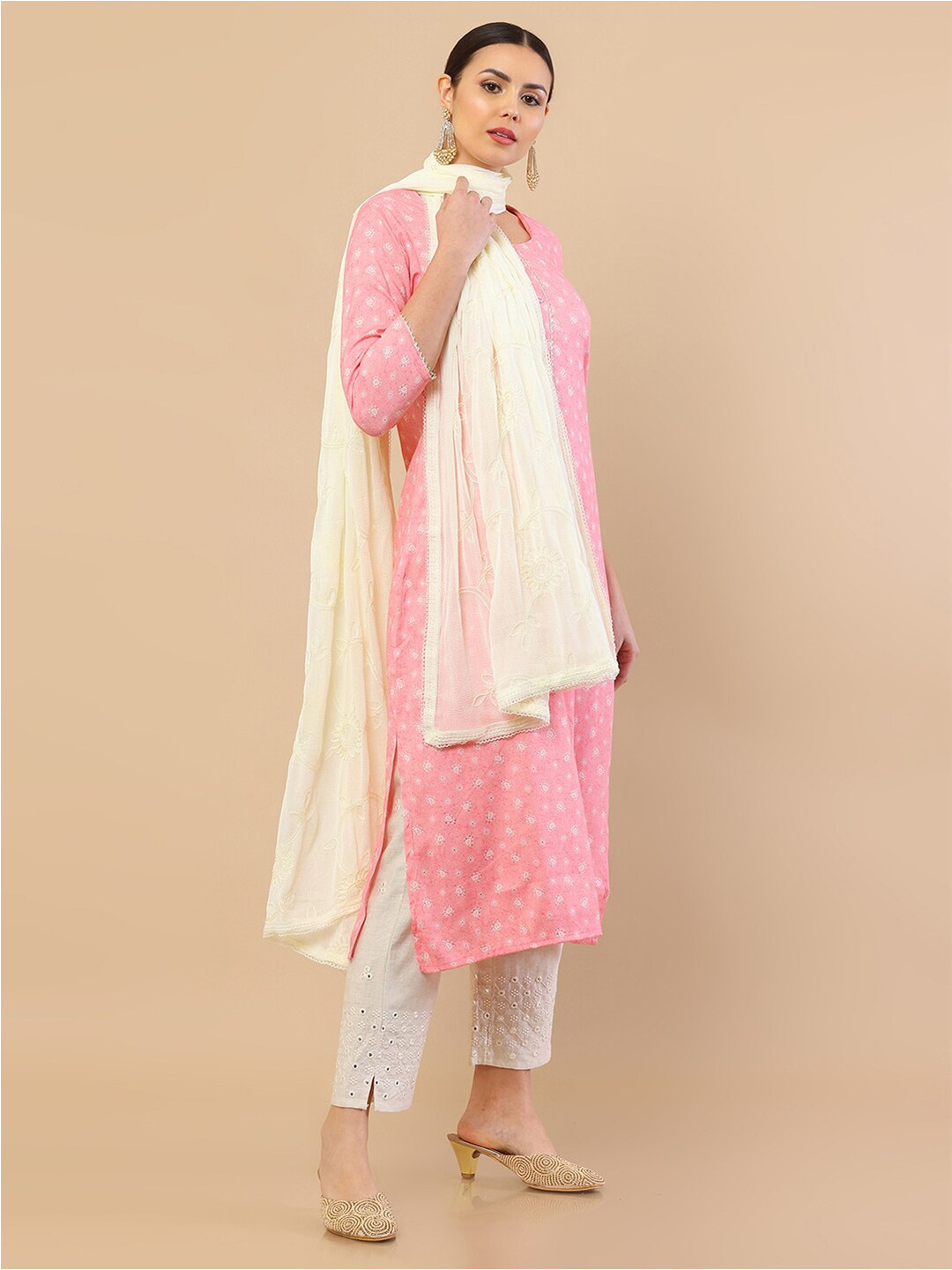 Soch White Embroidered Dupatta with Thread Work