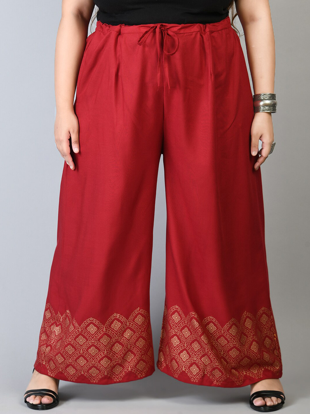 PrettyPlus by Desinoor.com Women Plus Size Red & Brown Printed Palazzos