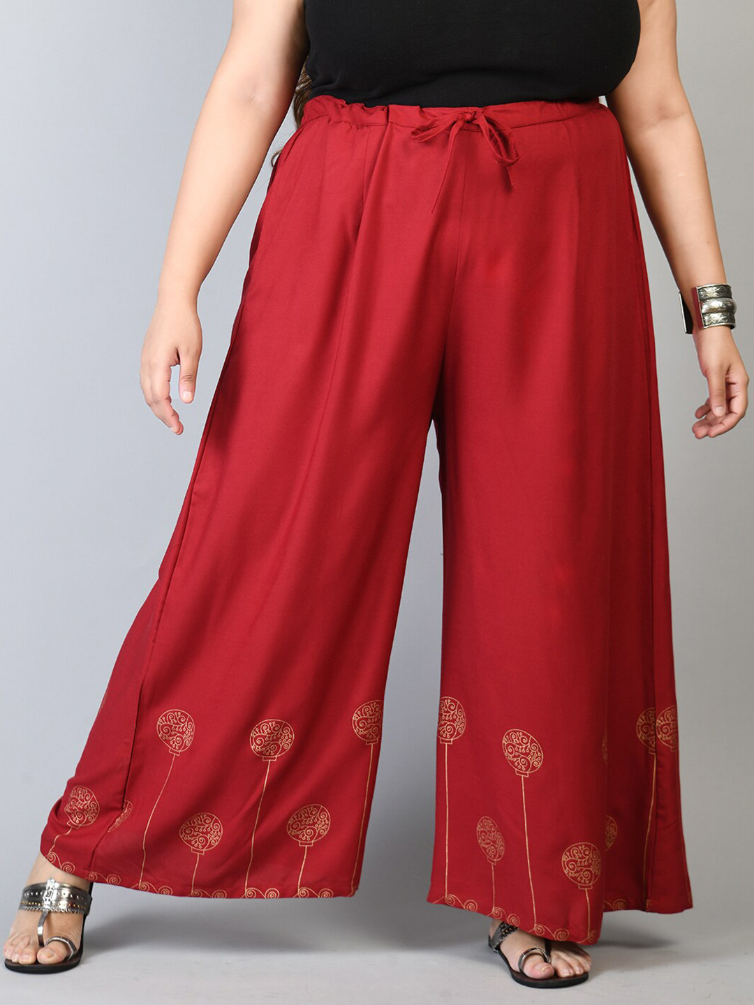 PrettyPlus by Desinoor.com Women Plus Size Red & Gold-Toned Floral Printed Palazzos