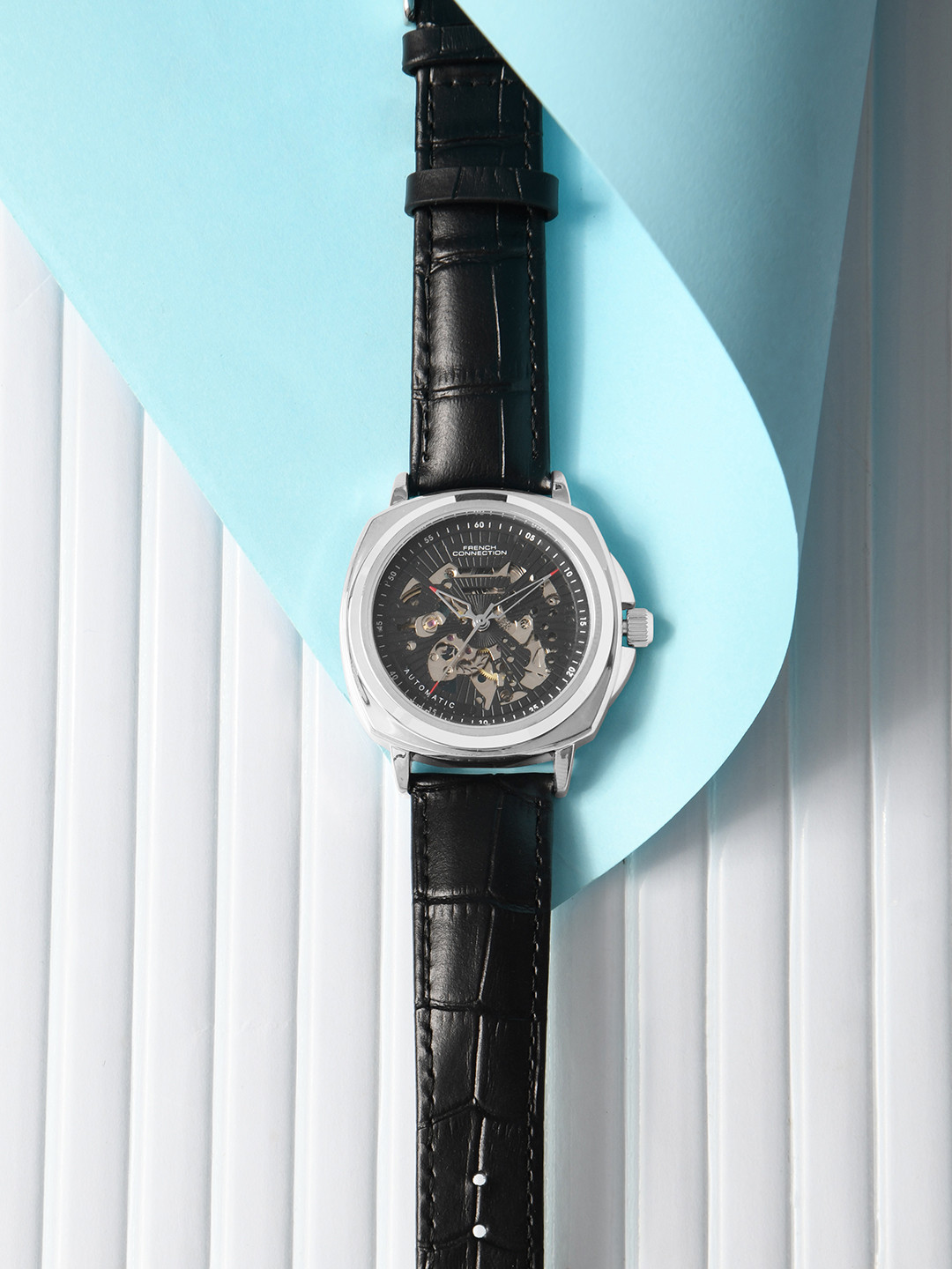 French Connection Men Dial Leather Straps Analogue Automatic Motion Powered Watch Skeleton