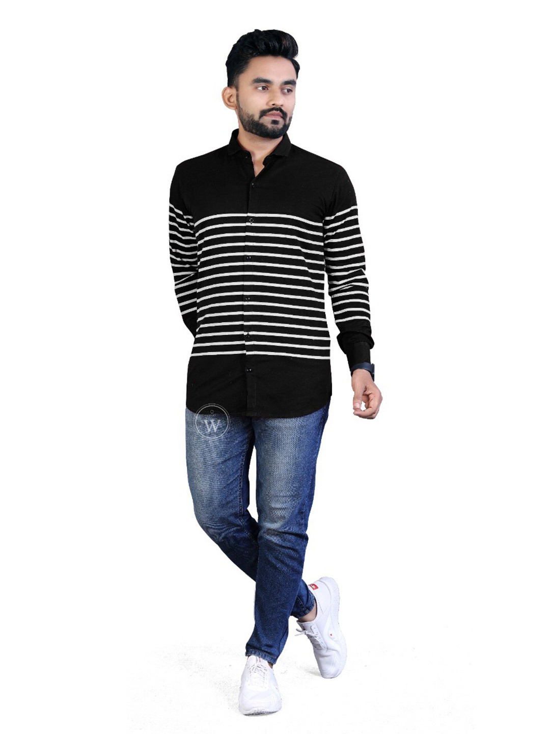 WOOMNY Men Black & White Striped Cotton Casual Shirt
