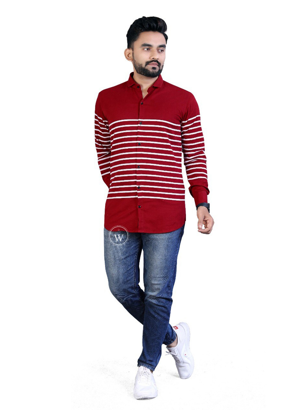 WOOMNY Men Maroon & White Stripes Cotton Casual Shirt