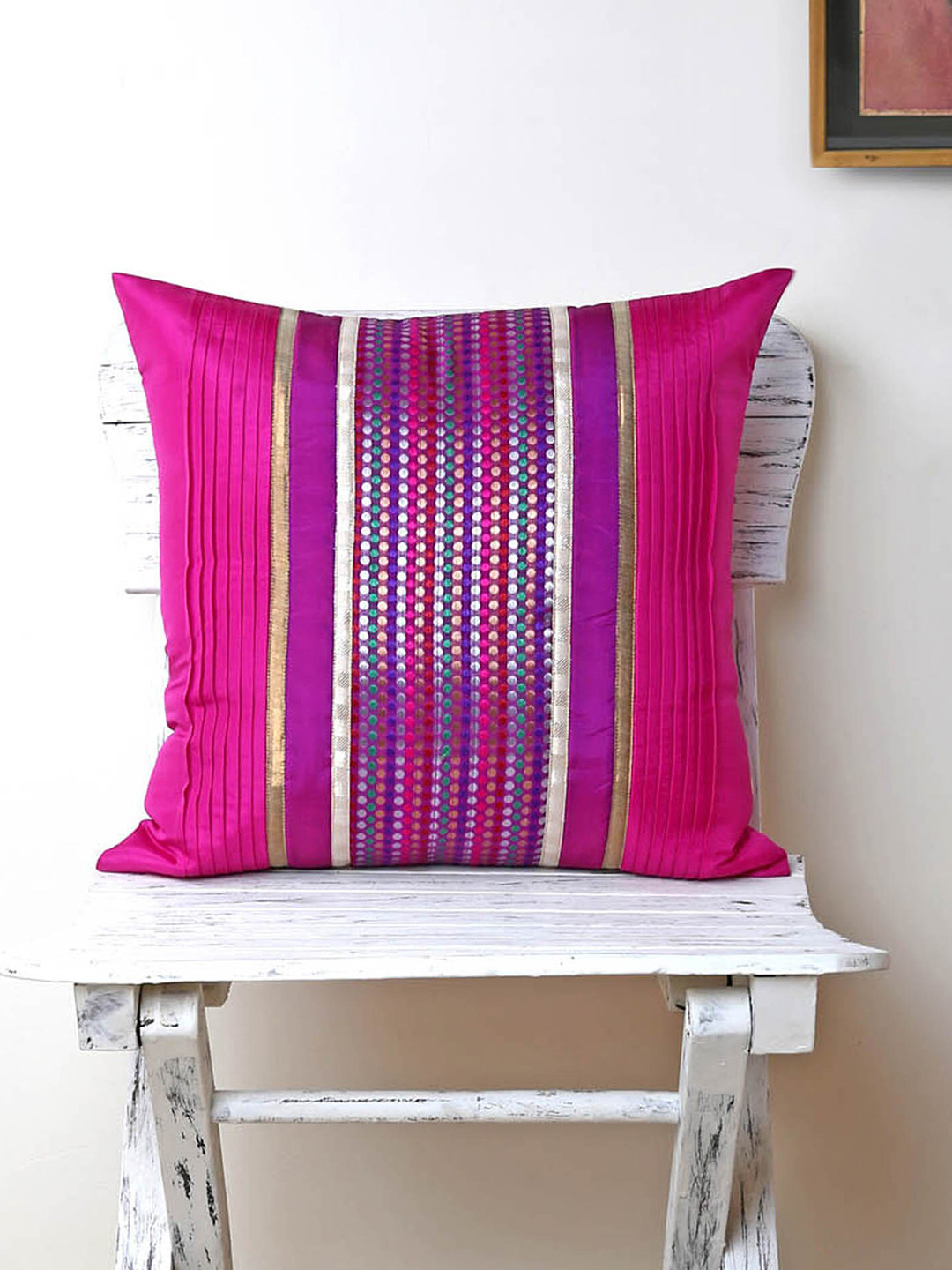 ANS Pink Striped Polyester Silk Anti-Wrinkle Embellished Square Cushion Cover -16x16In