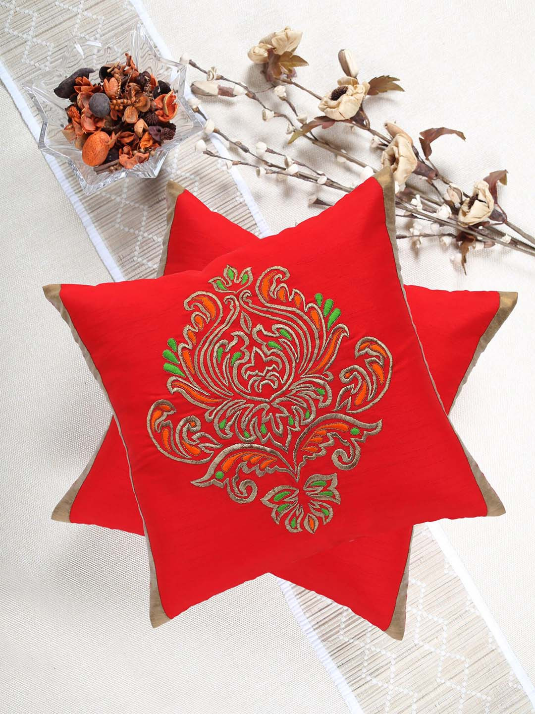 ANS Quick-Dry Red Polyester Anti-Wrinkle 2 Pcs Embroidered Square Cushion Covers -16x16In