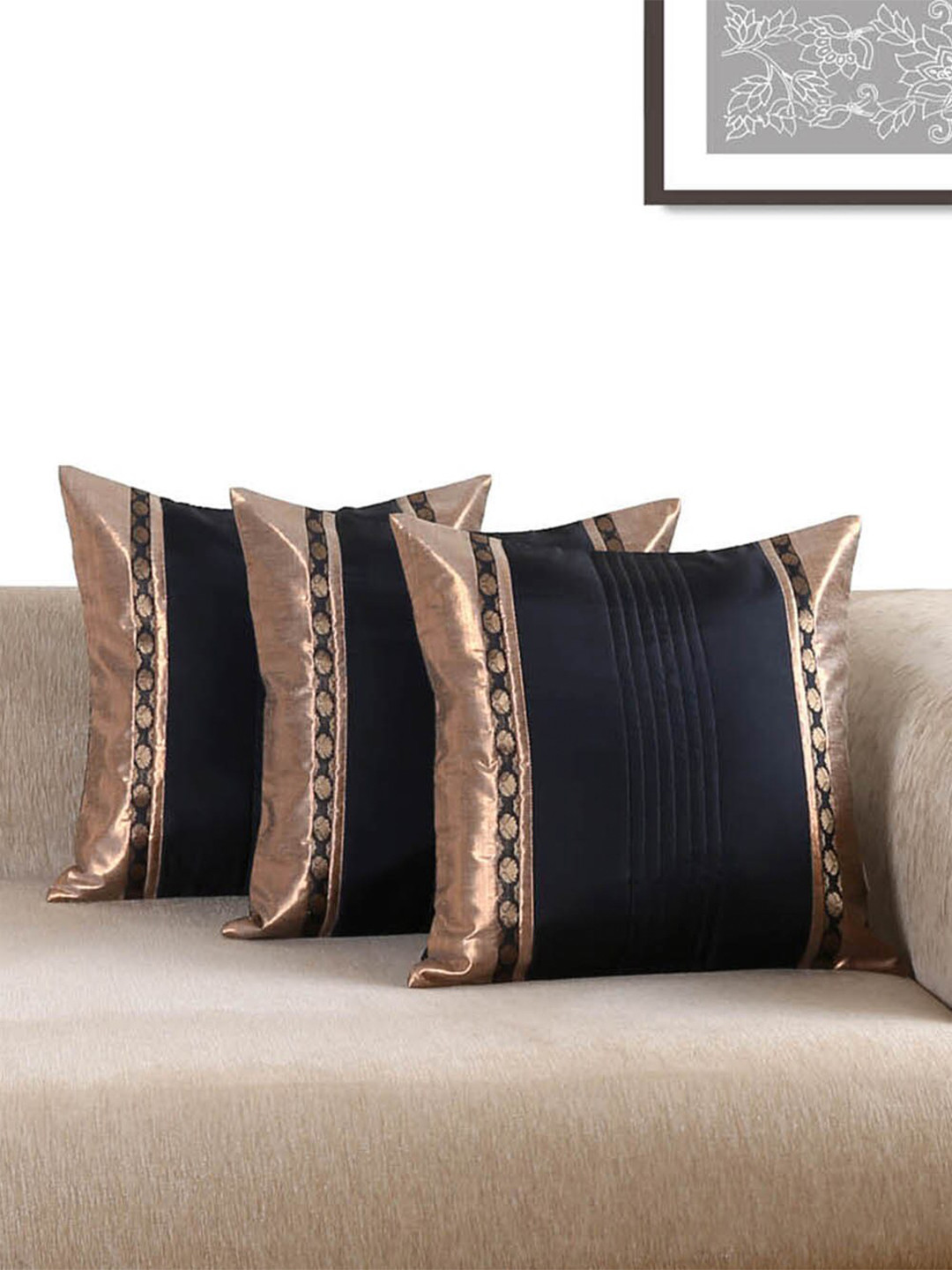 ANS Quilted Self Design Polyester Anti-Wrinkle 3 Pcs Patchwork Cushion Covers - 16 x 16 In