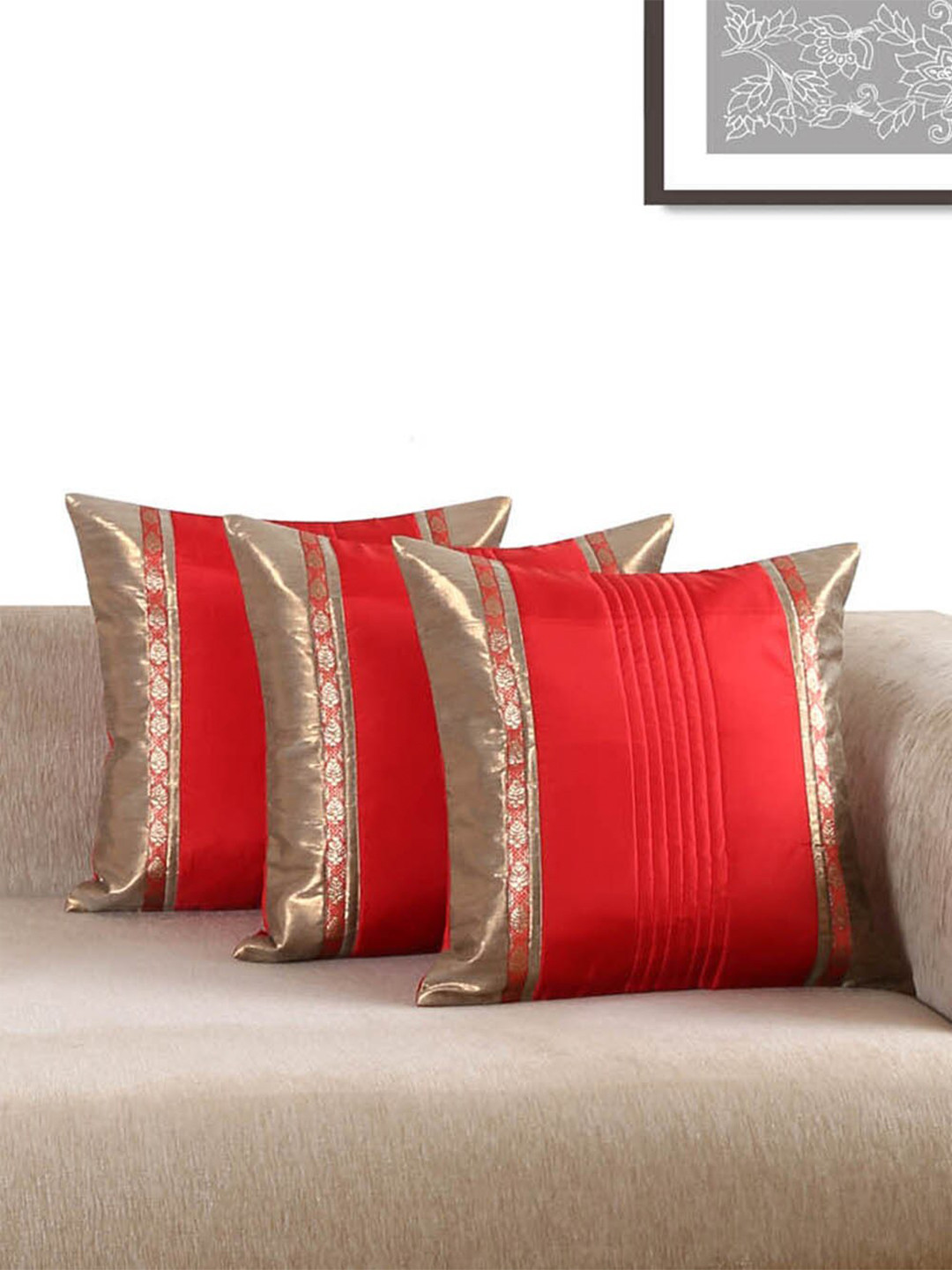 ANS Red & Copper-Toned Set of 3 Square Cushion Covers