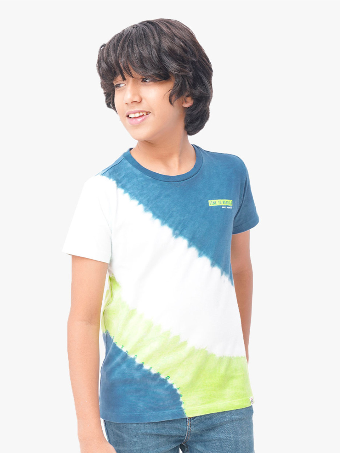 edheads Boys Blue & Green Colourblocked Round Neck Cotton T-shirt