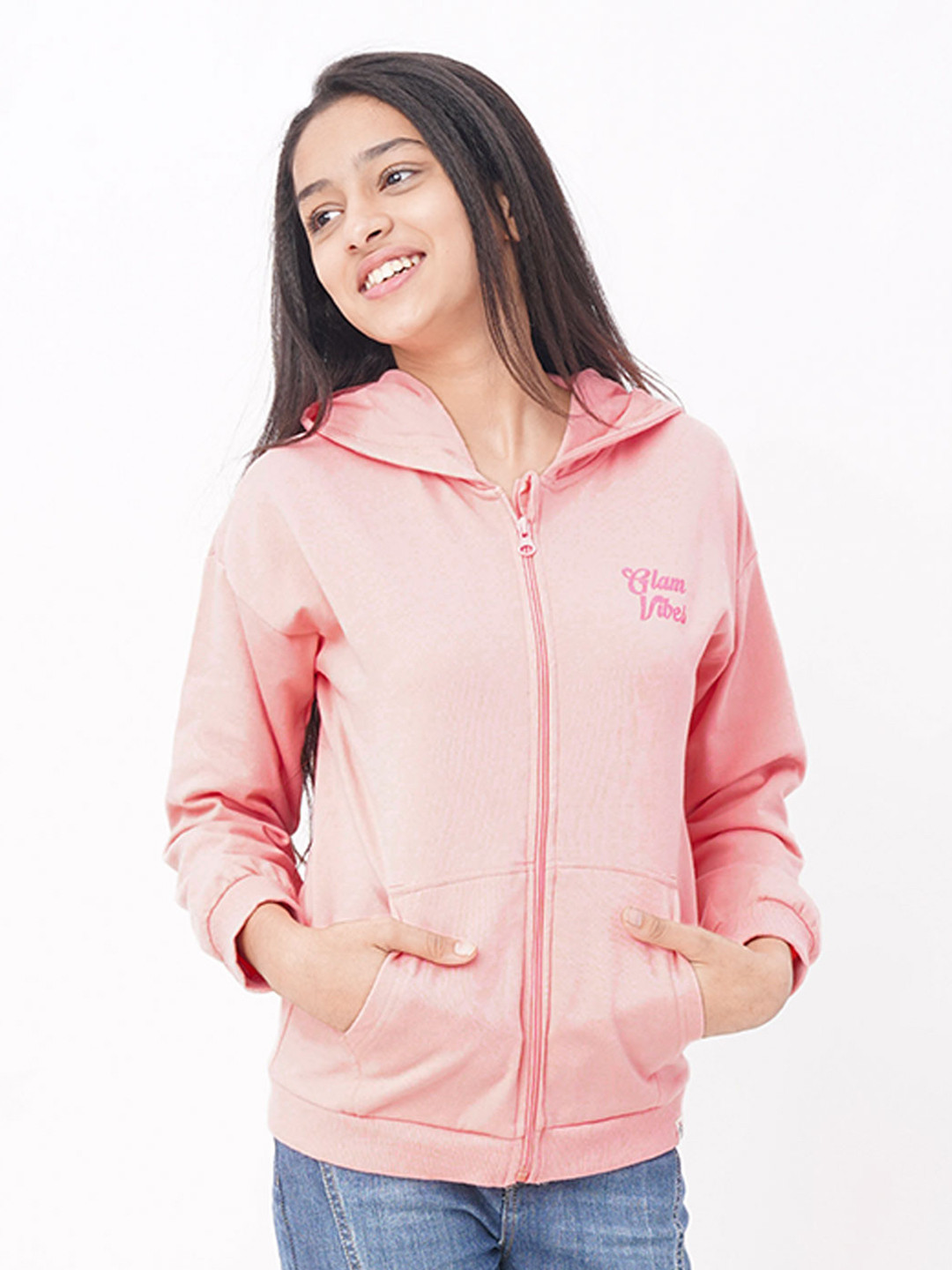 edheads Girls Pink Printed Cotton Hooded Bomber Jacket