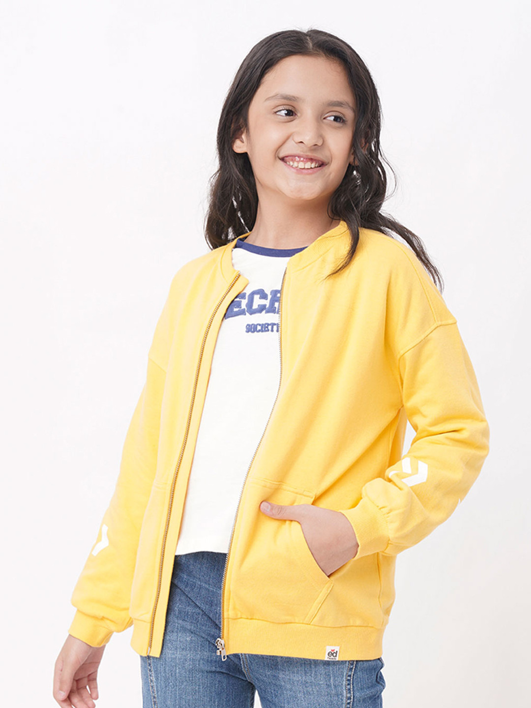 edheads Girls Yellow Printed Cotton Bomber Jacket