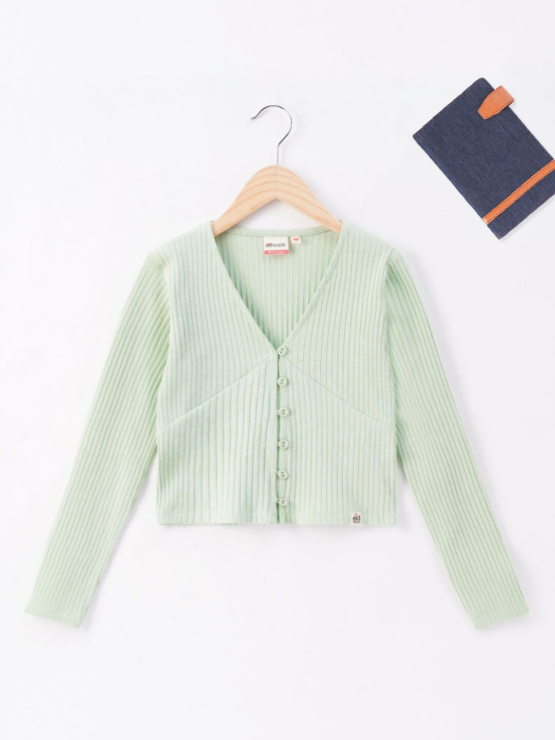 edheads Girls Green Striped Open Front V-Neck Cotton Cardigan
