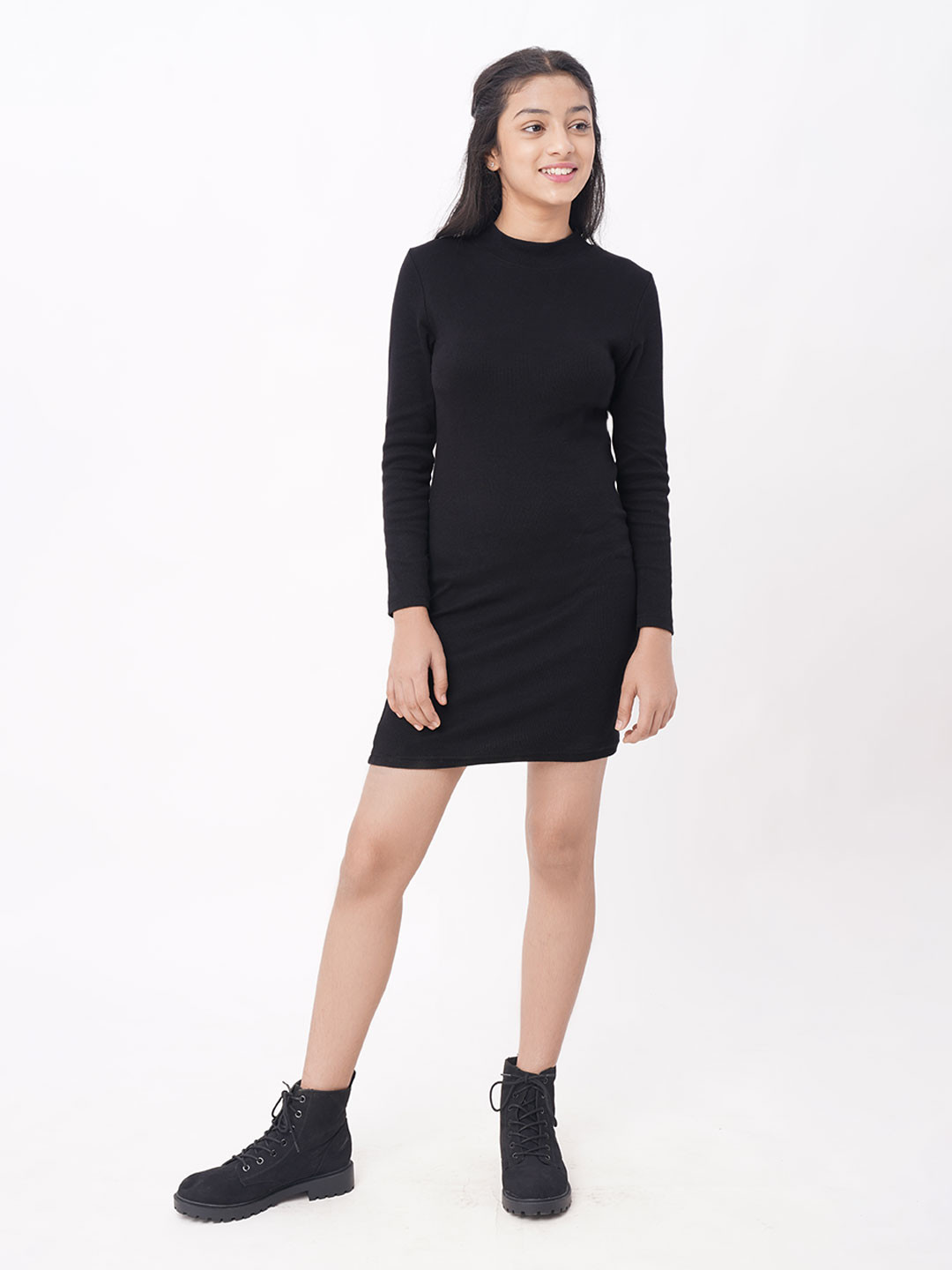 edheads Girls Black Solid Cotton High Neck Sweater Dress