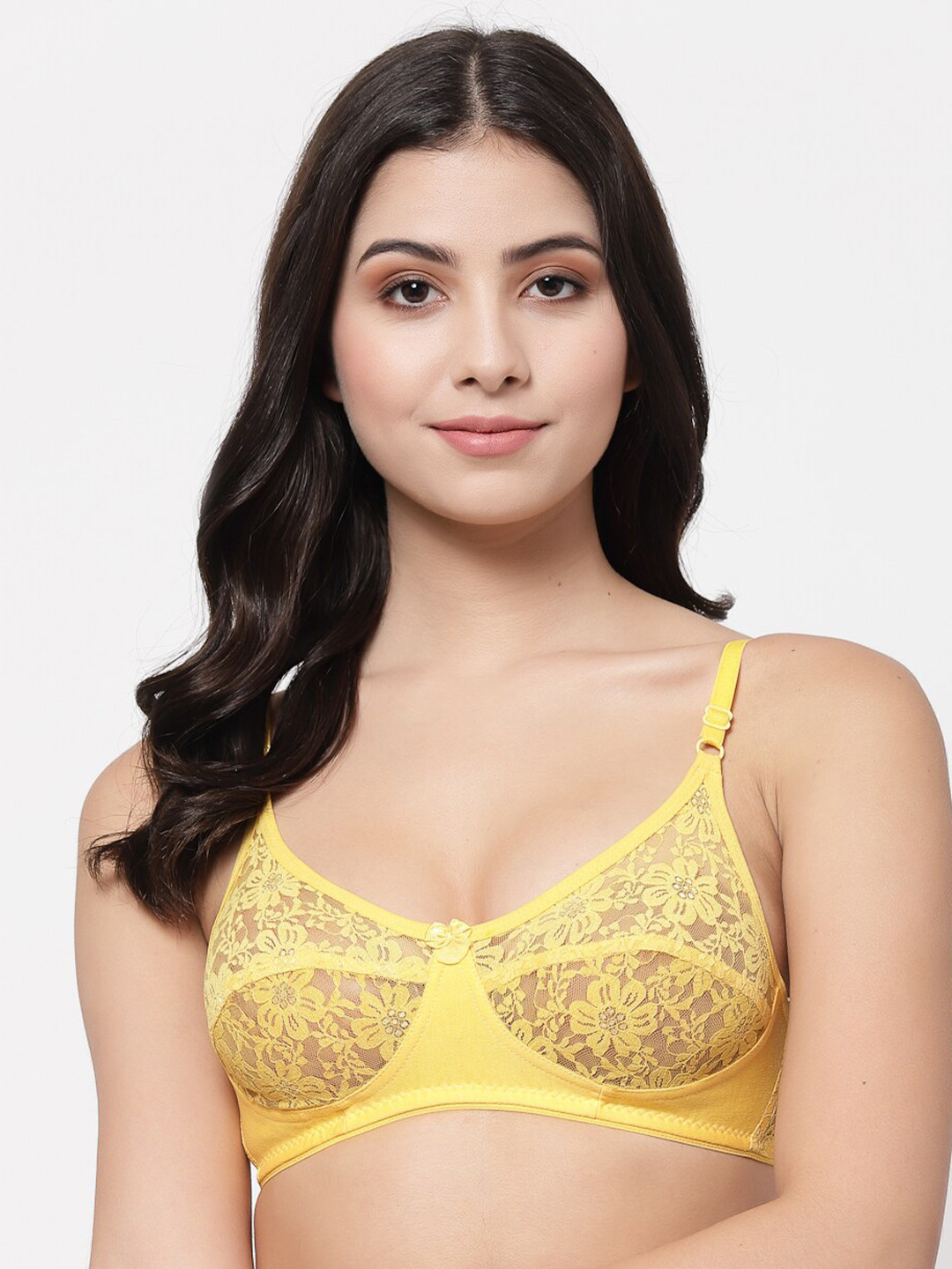 Docare Women Yellow Floral Cotton Non Padded Seamed Bralette Bra