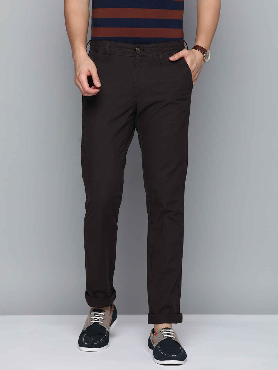 Indian Terrain Men Pin-Striped Brooklyn Slim Fit Trousers