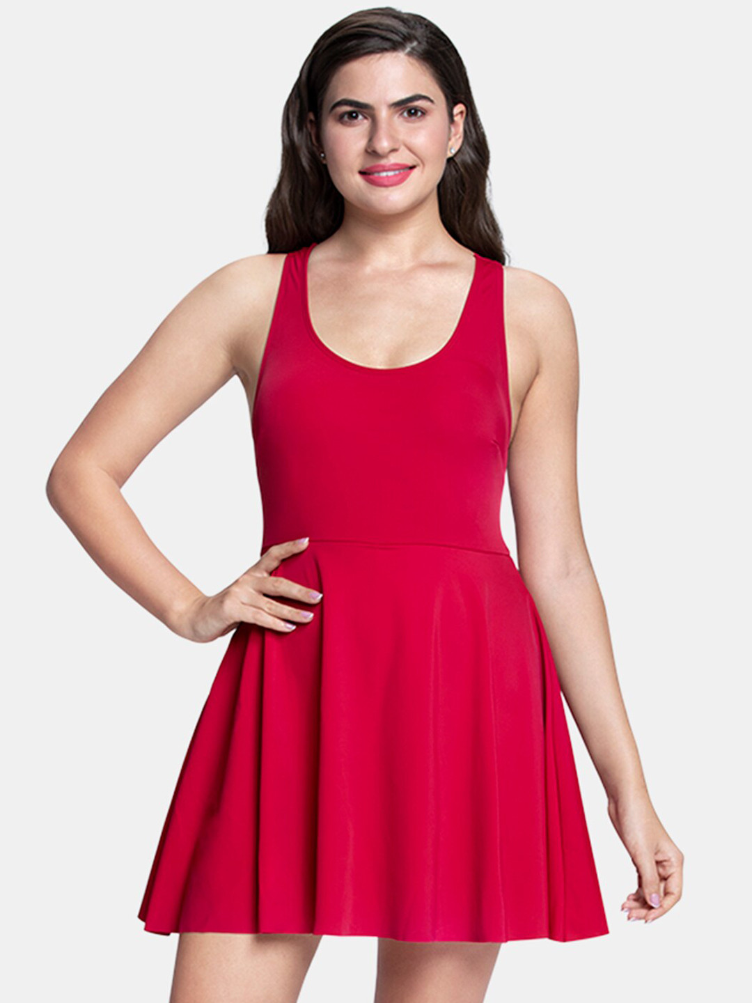 Amante Women Red Solid Flared Racerback High Coverage Padded Swimming Dress