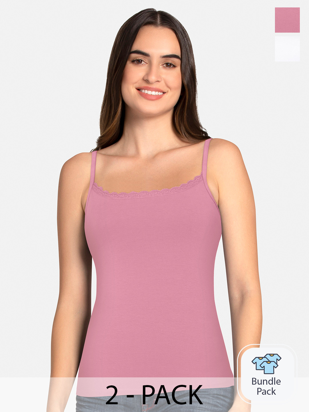 Amante Women Pack Of 2 White & Pink Solid Lightly Padded Cotton Camisoles LIN84902