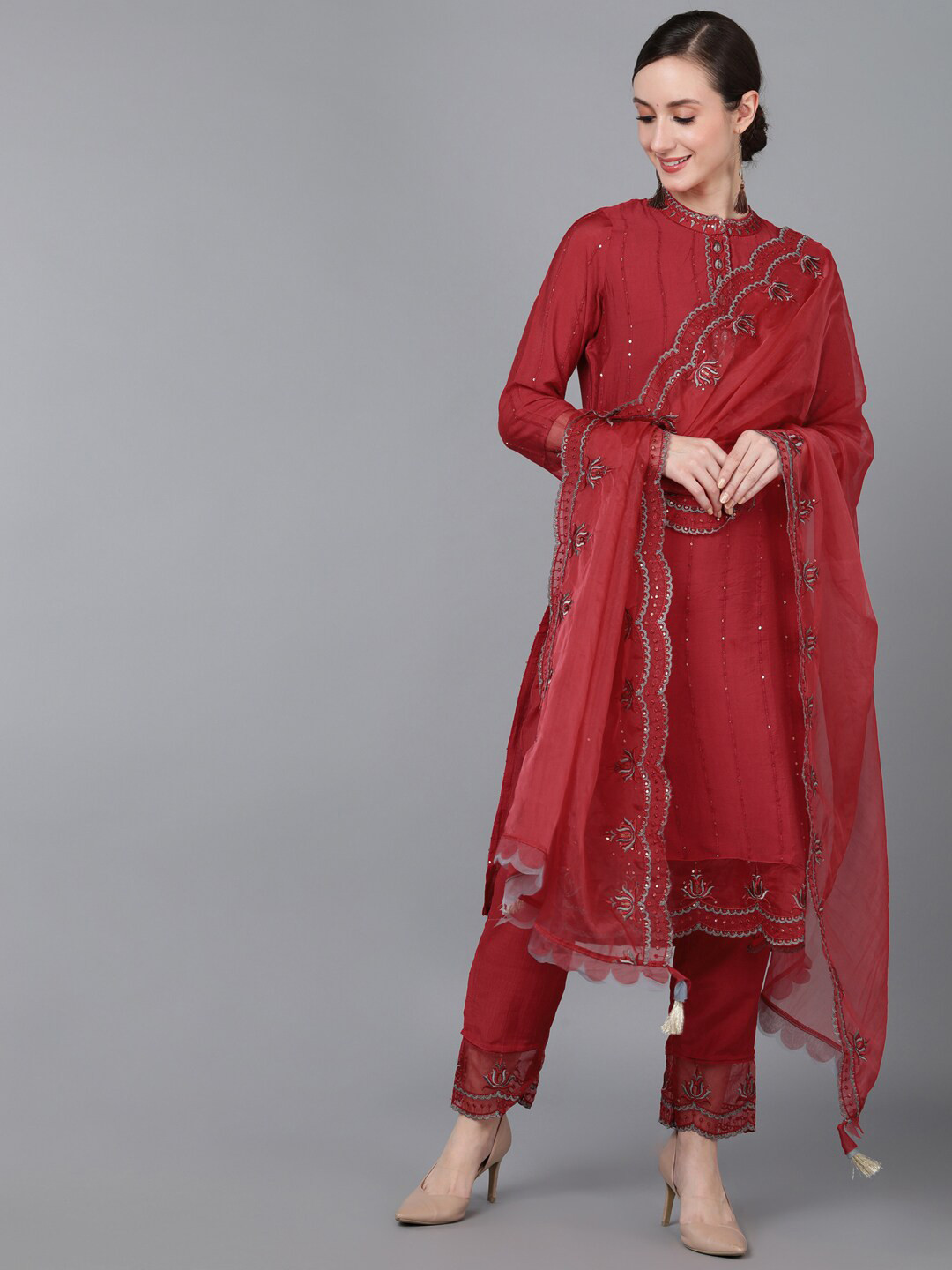AHIKA Women Red Embroidered Sequinned Poly Silk Kurta With Trousers & Dupatta