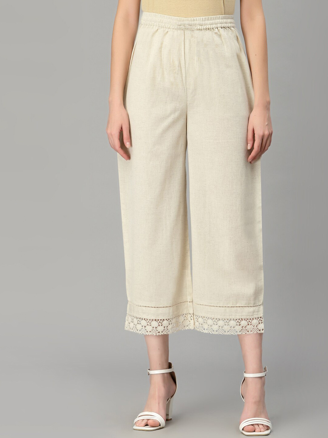 QOMN Women Off White Pure Cotton Palazzos
