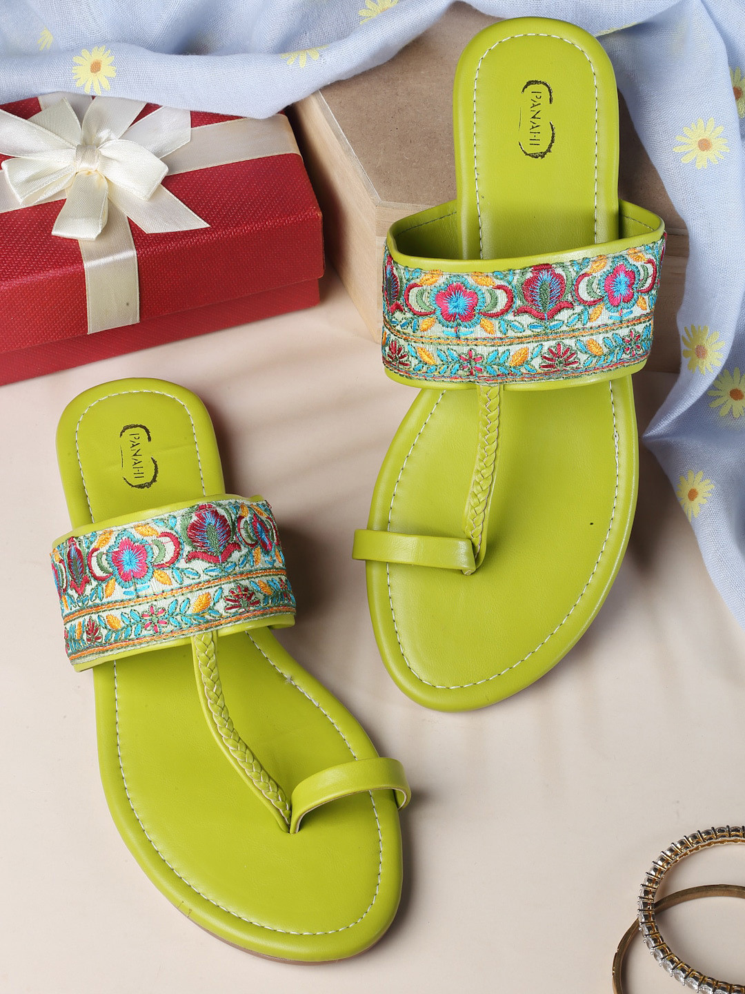 PANAHI Women Lime Green Ethnic One Toe Flats
