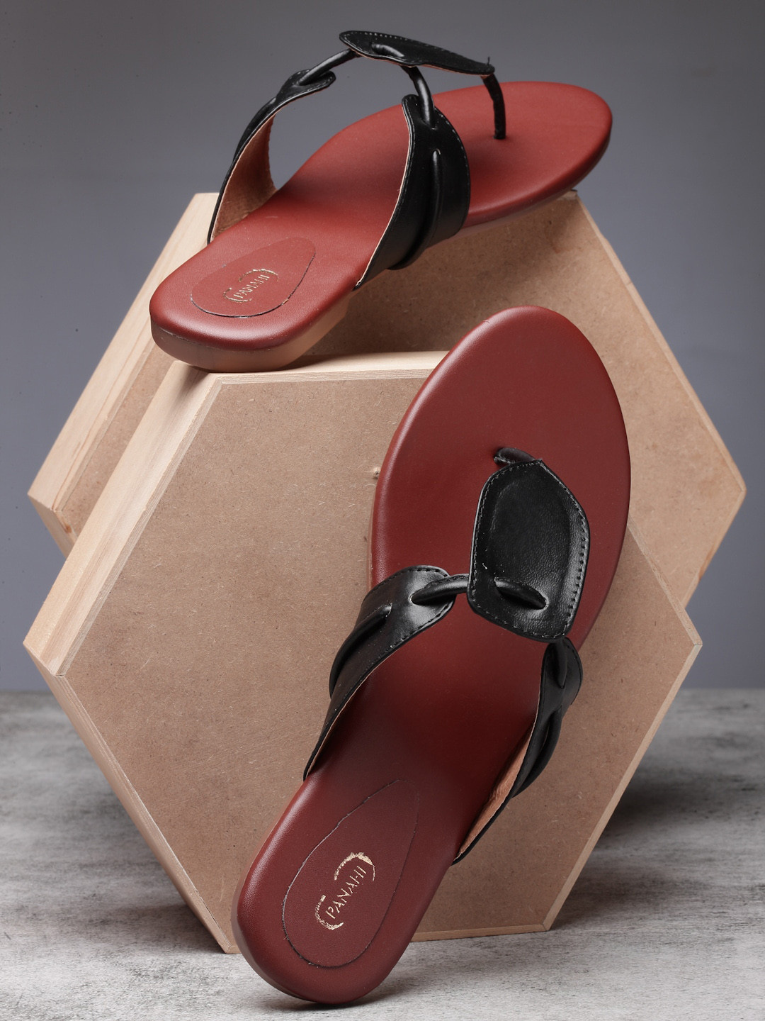 PANAHI Women Black T-Strap Flats
