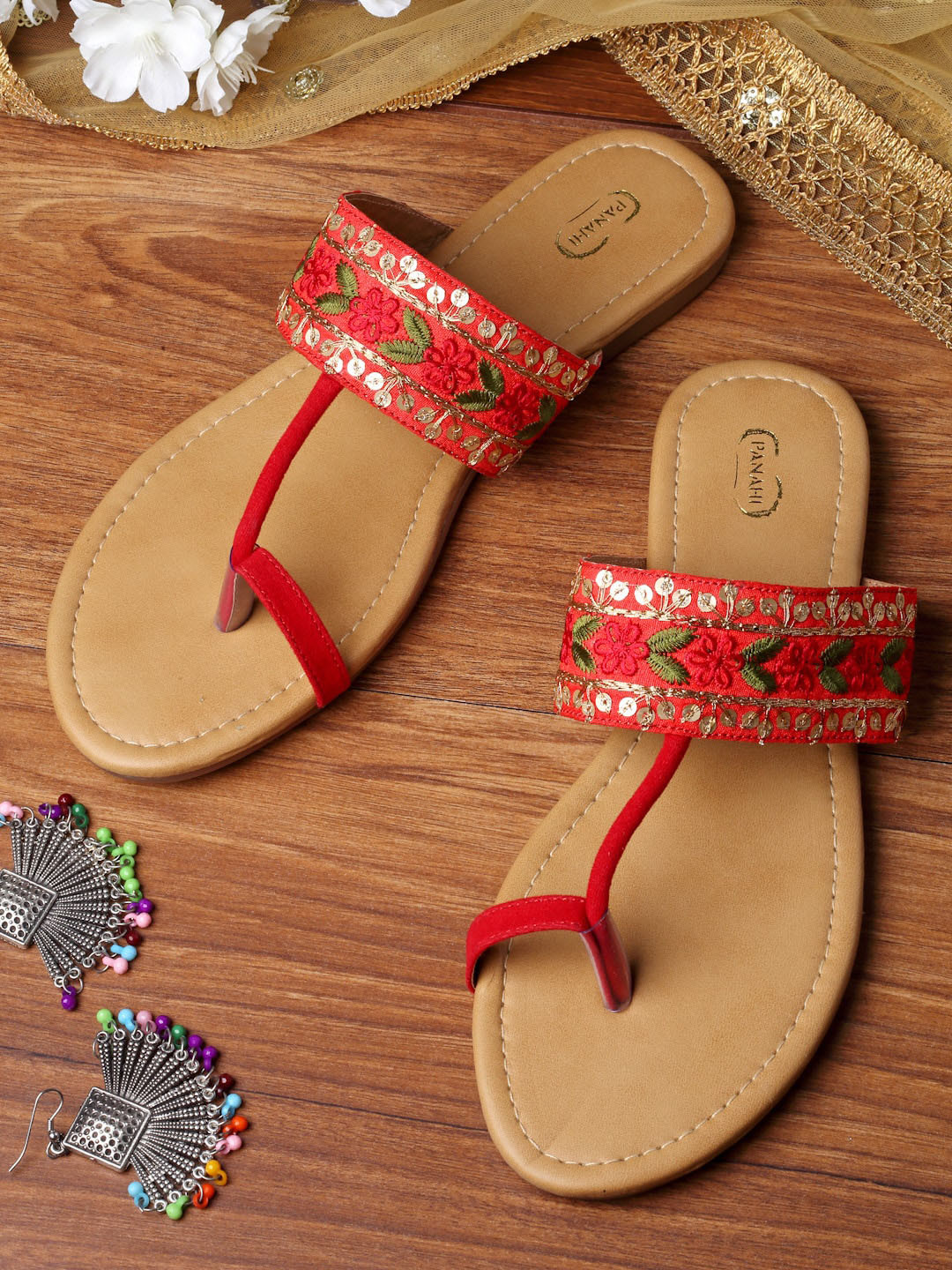 PANAHI Women Red Ethnic One Toe Flats