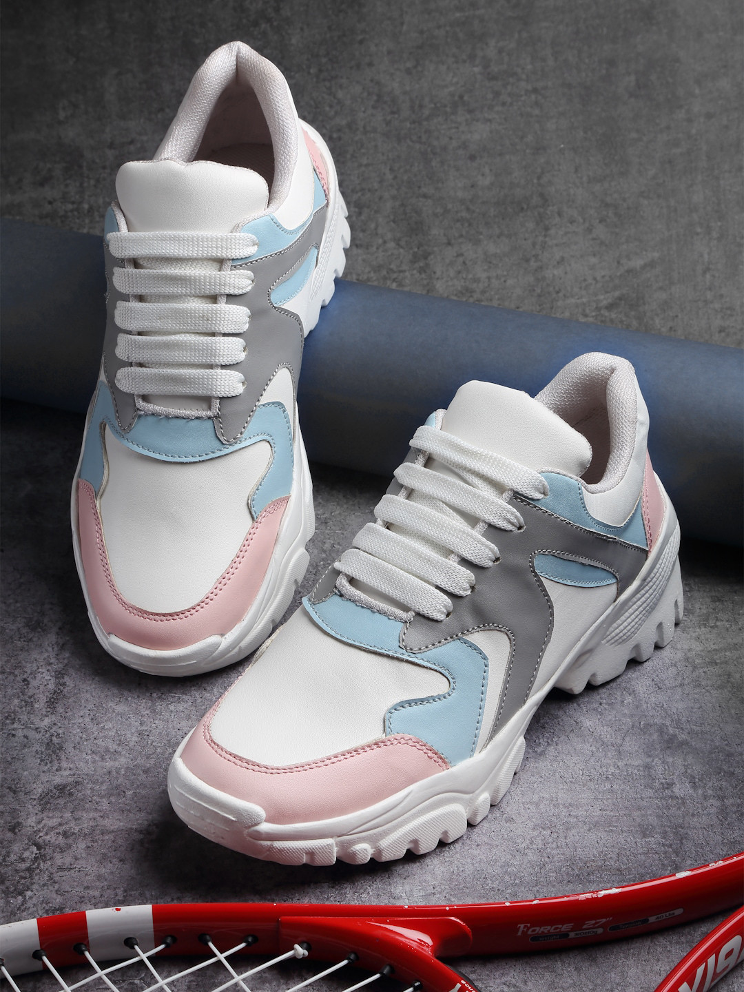 PANAHI Women Off White & Pink Colourblocked Sneakers