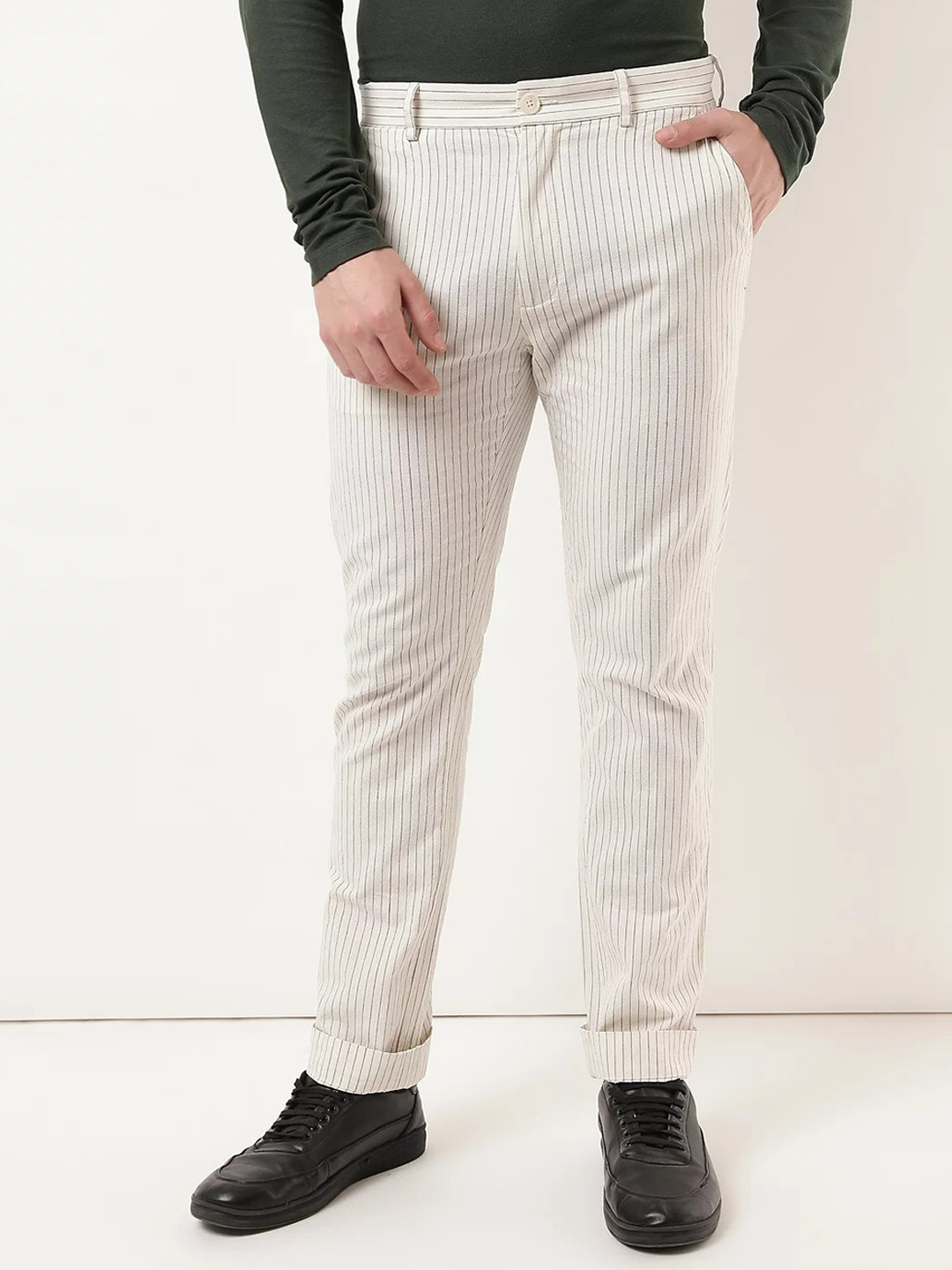 Marks & Spencer Men Beige Striped Chinos Trousers
