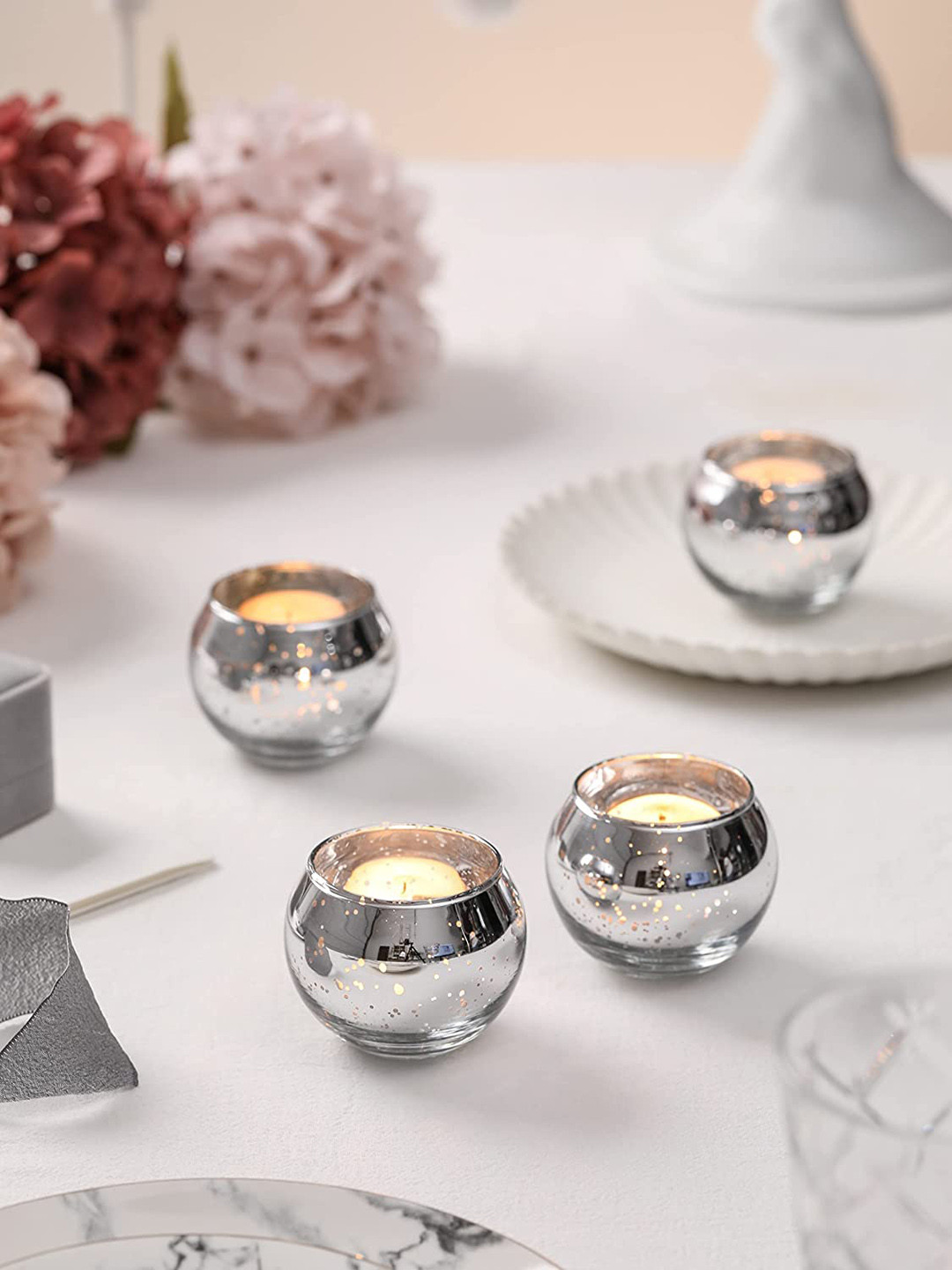 BS AMOR Set of 3 Silver Glass Tea Light Candle Holders