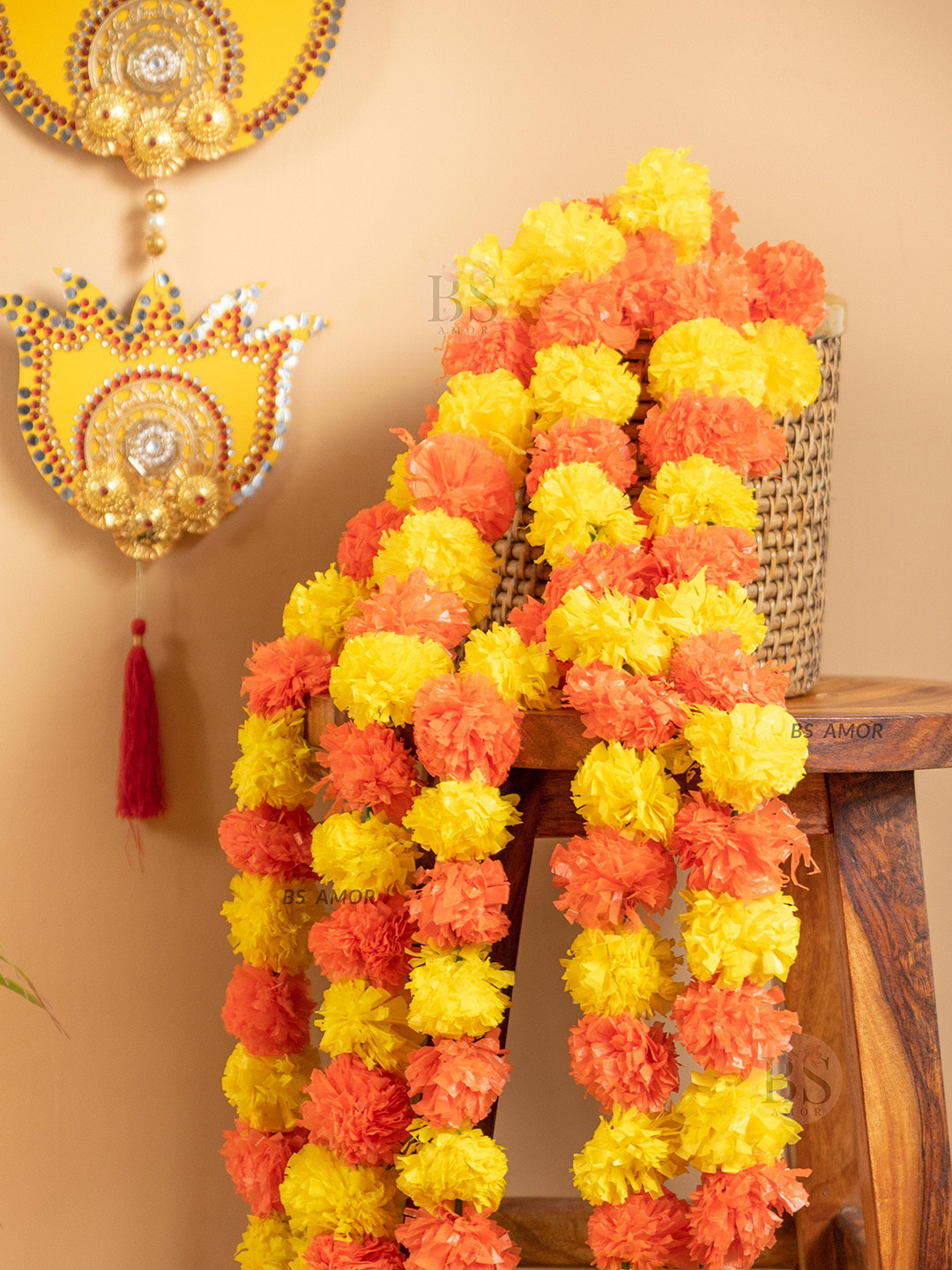 BS AMOR Set Of 5 Yellow & Orange Marigold Wall Hanging Artificial Flowers