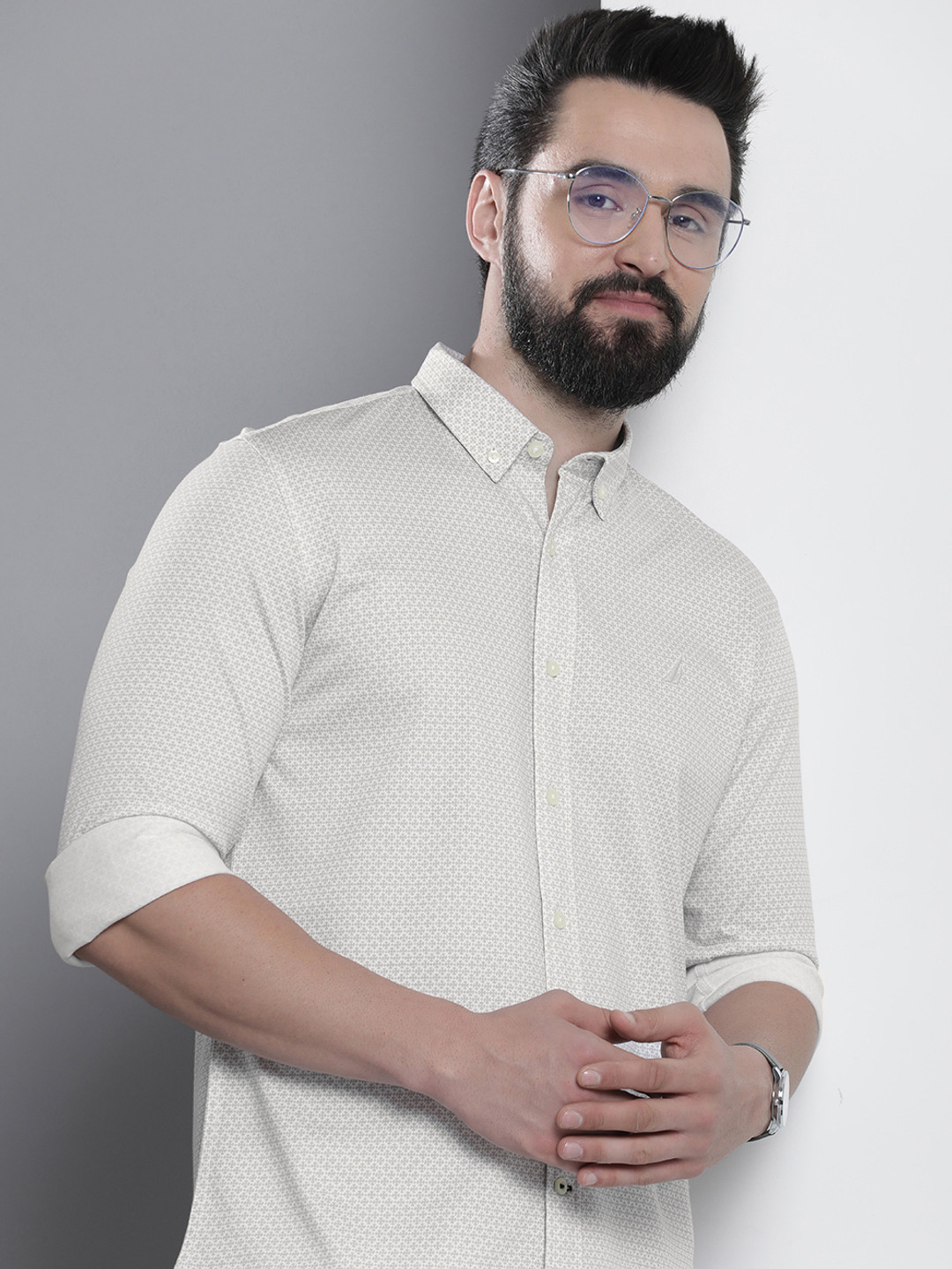 Nautica Classic Button-Down Collar Geometric Printed Pure Cotton Casual Shirt