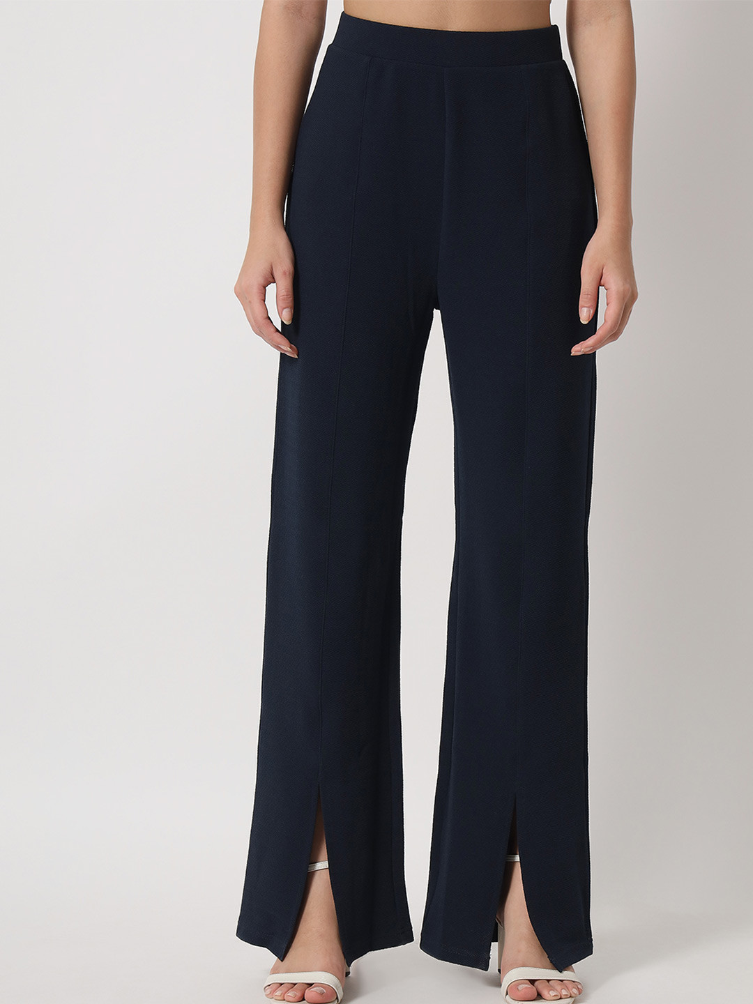 Orchid Blues Women Navy Blue High-Rise Pure Cotton Trousers