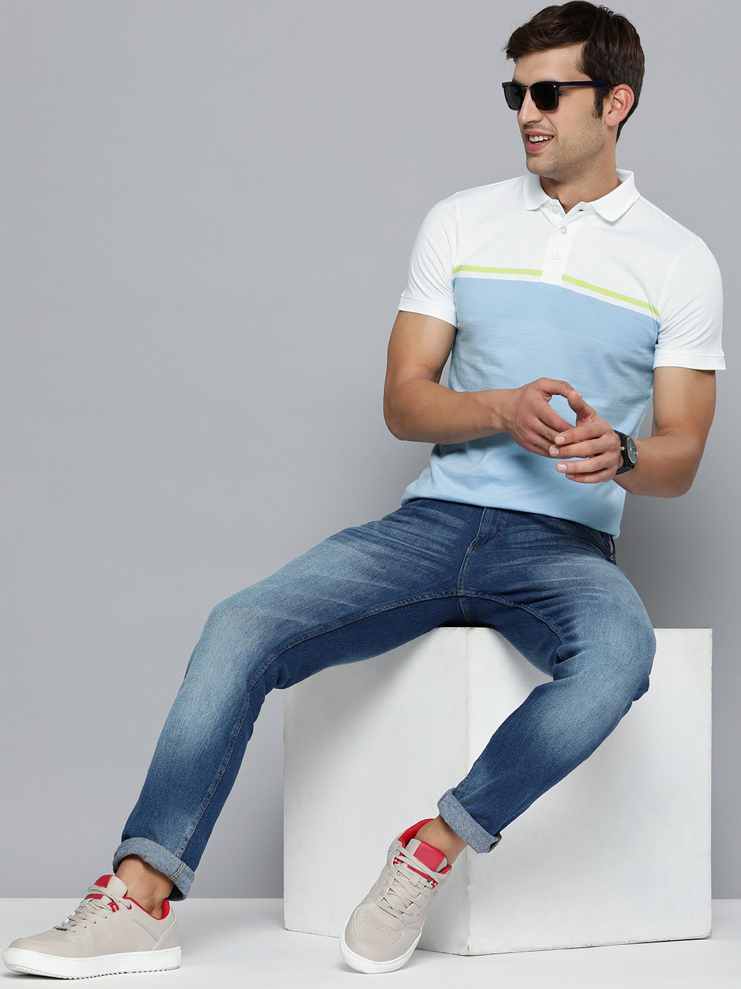 HERE&NOW Men Blue Striped Polo Collar Pure Cotton T-shirt