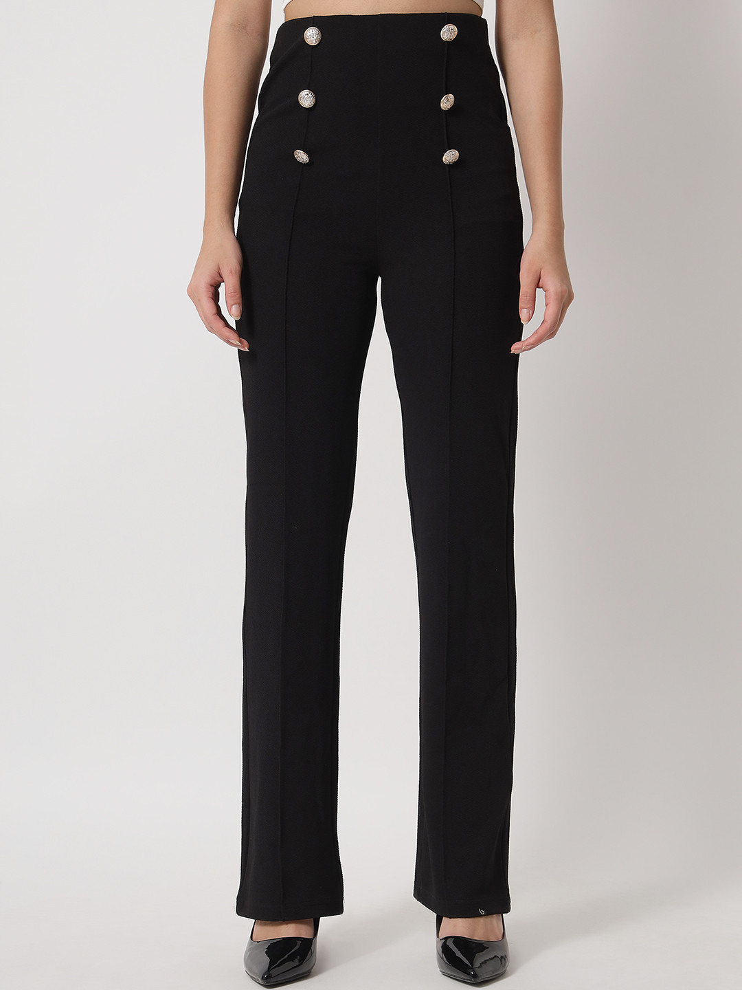 Orchid Blues Women Black High-Rise Cotton Trousers