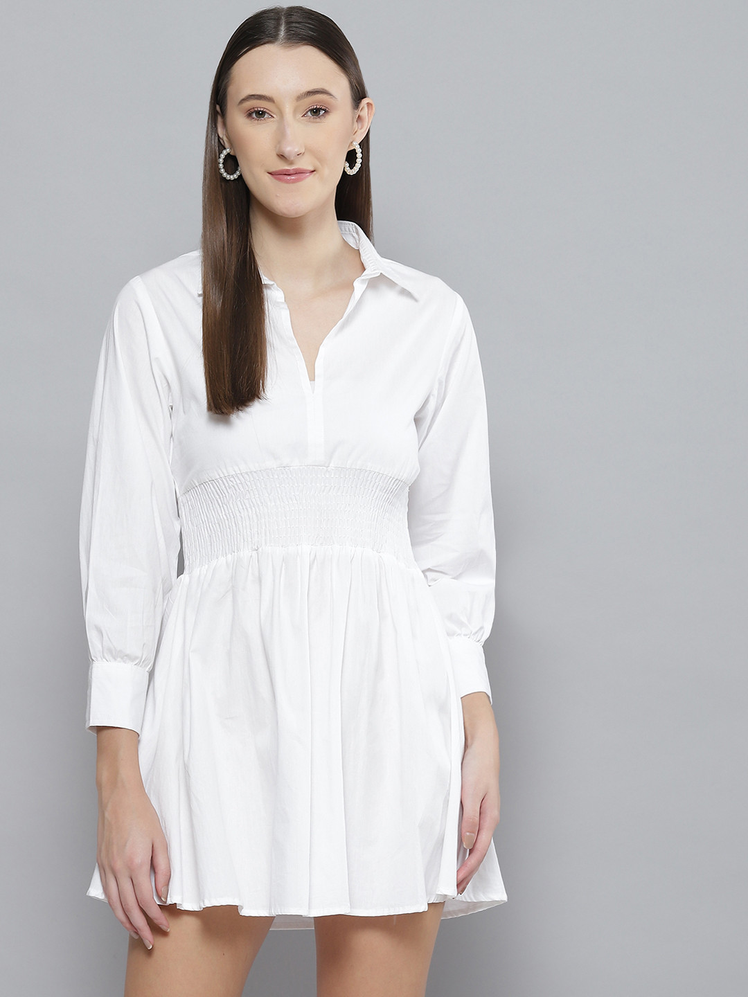 DENNISON White Solid Shirt Collar Smocked Mini Dress