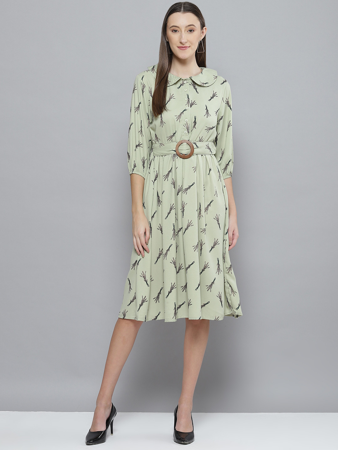 DENNISON Olive Green Floral Peter Pan Collar Crepe Dress