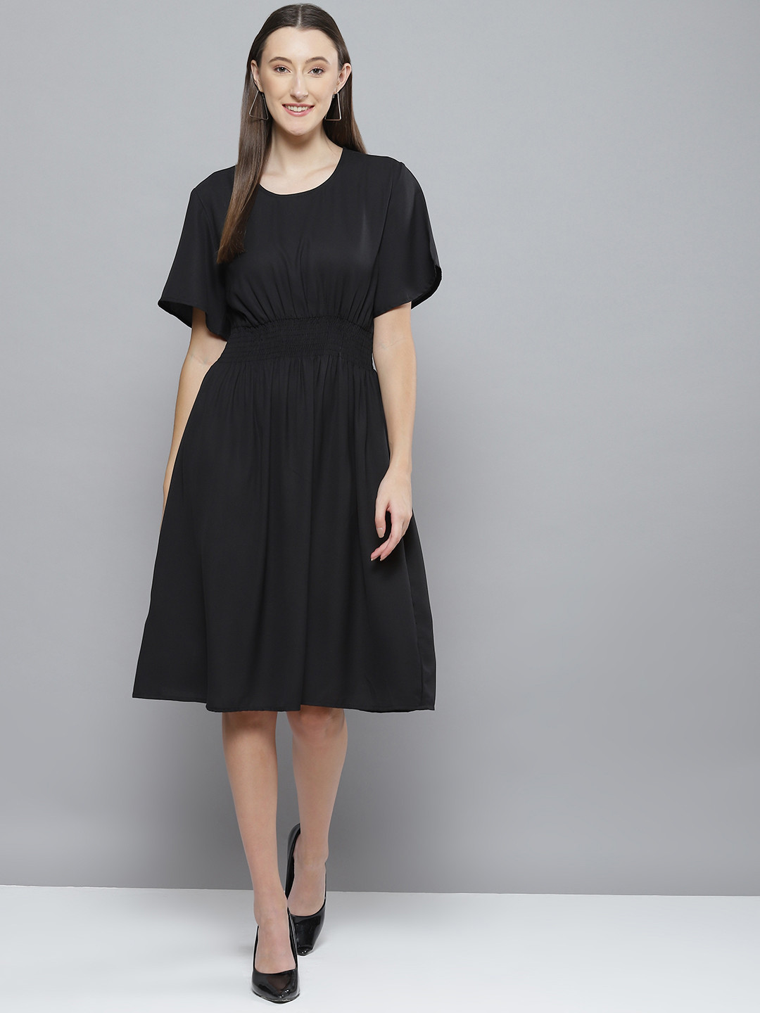 DENNISON Black Crepe Fit & Flare Smocked Dress