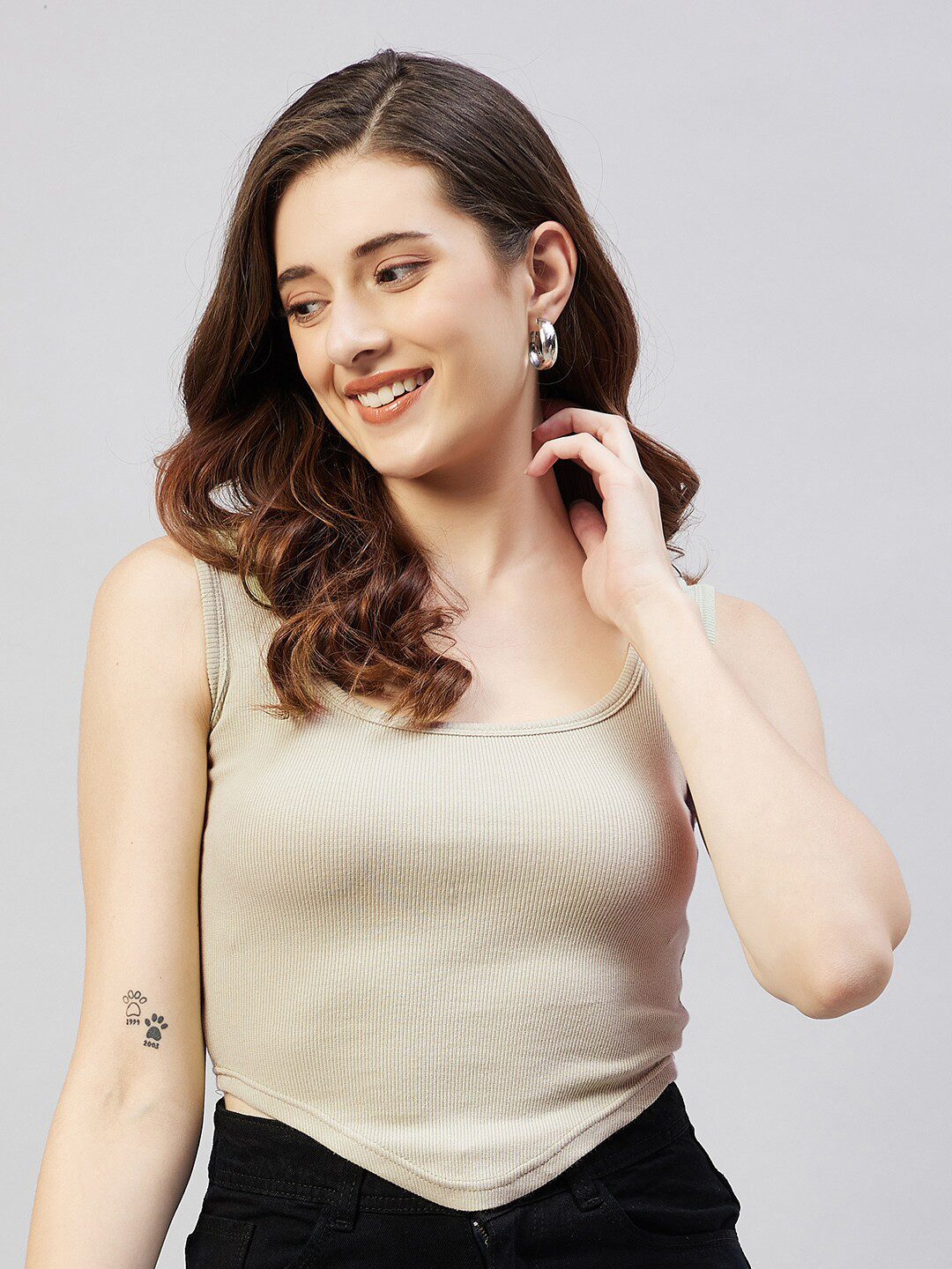Blinkin Women Beige Ribbed Crop Top