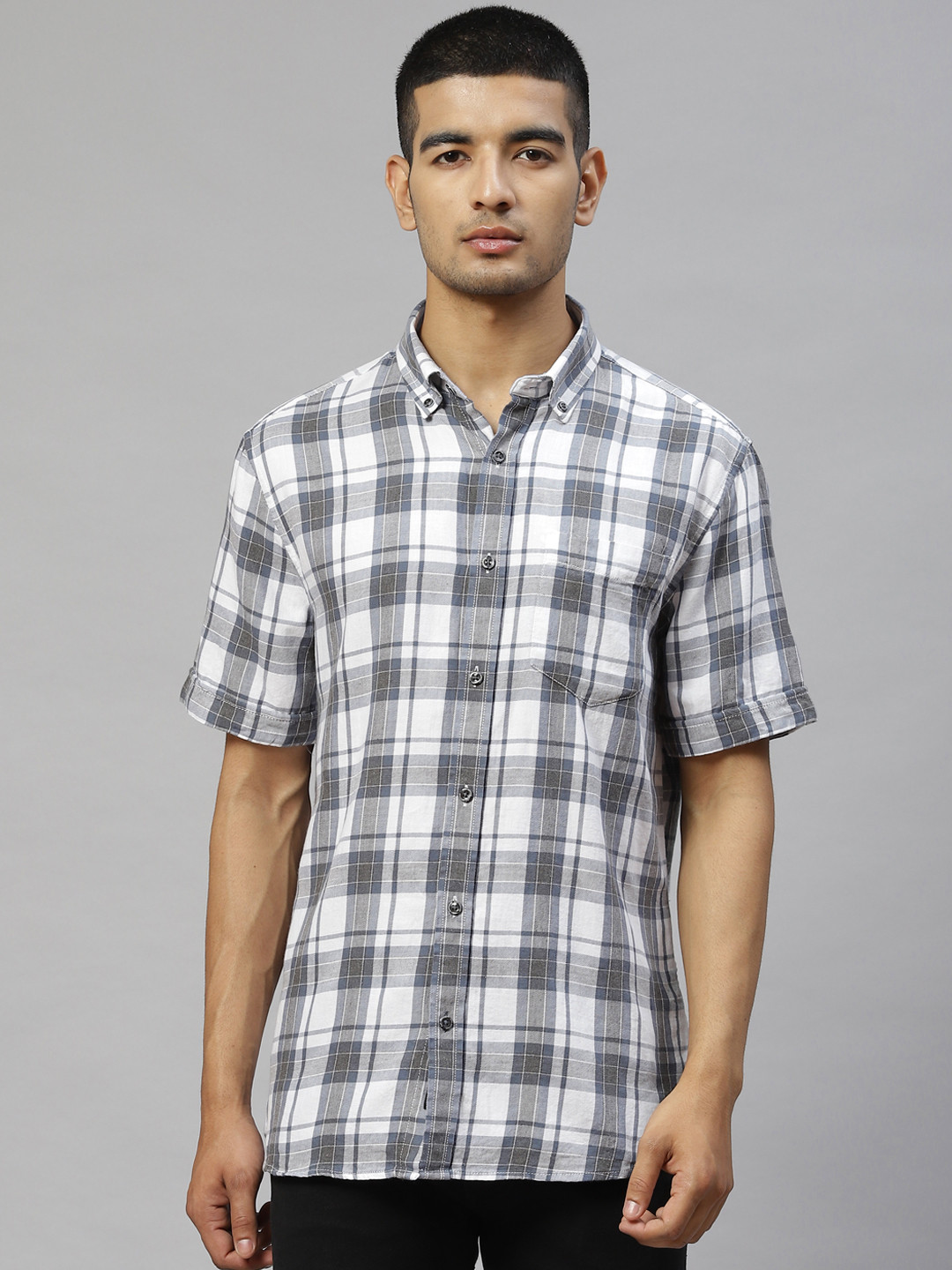 Marks & Spencer Men White & Grey Tartan Checks Cotton Casual Shirt