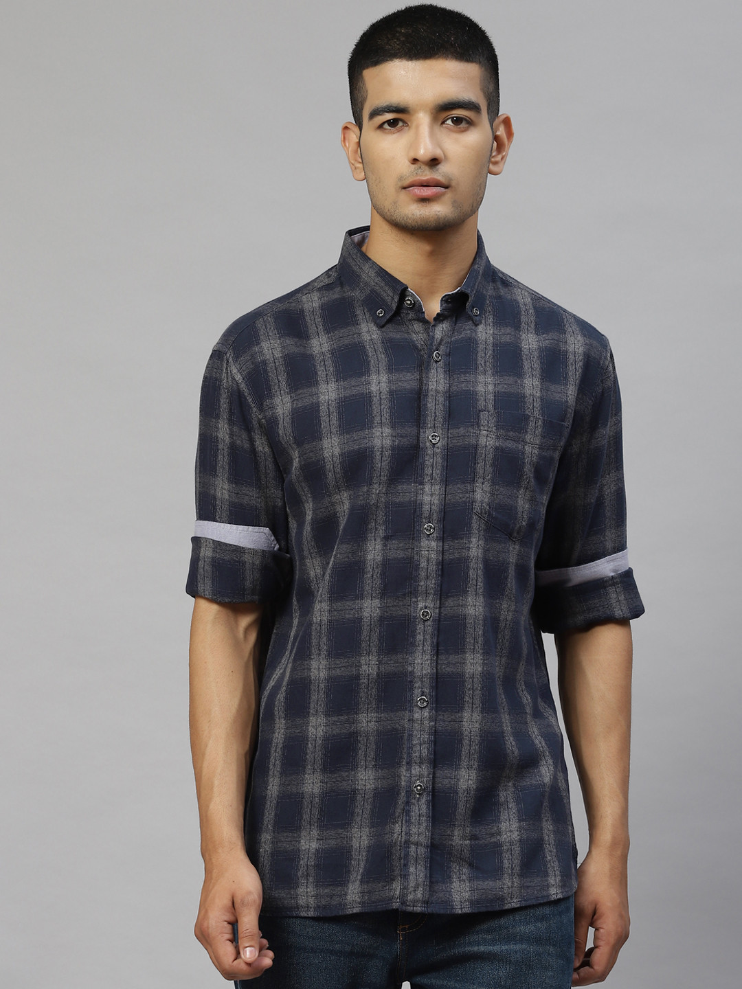 Marks & Spencer Men Navy Blue & Grey Pure Cotton Tartan Checks Casual Shirt