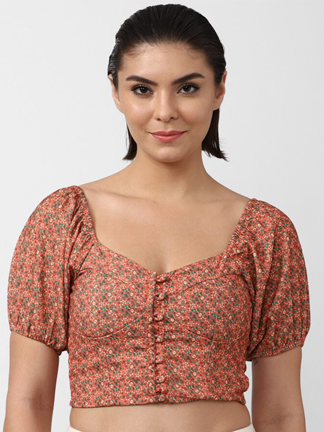 FOREVER 21 Women Peach-Coloured Floral Print Sweetheart Neck Crop Top