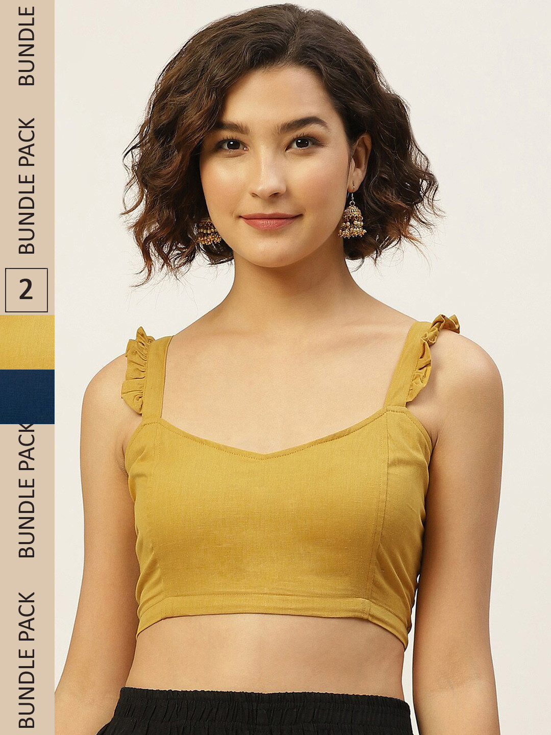 Molcha Pack Of 2 Mustard & Teal Solid Pure Cotton Saree Blouse