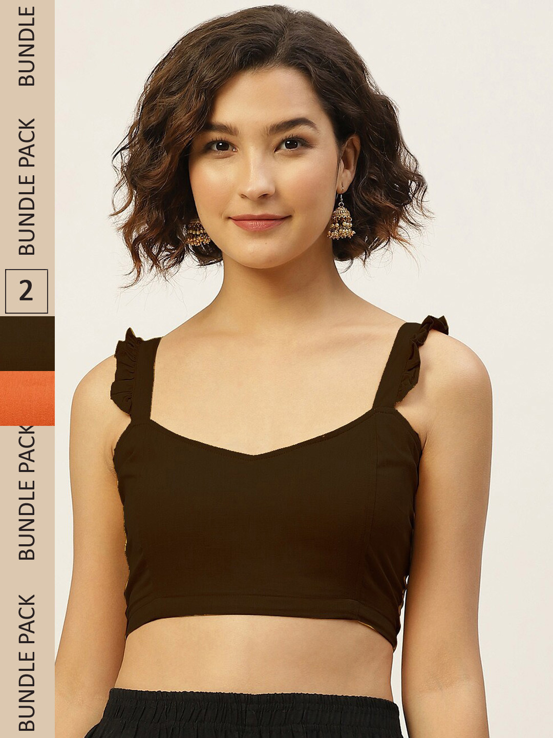 Molcha Pack Of 2 Rust & Brown Solid Pure Cotton Readymade Saree Blouse