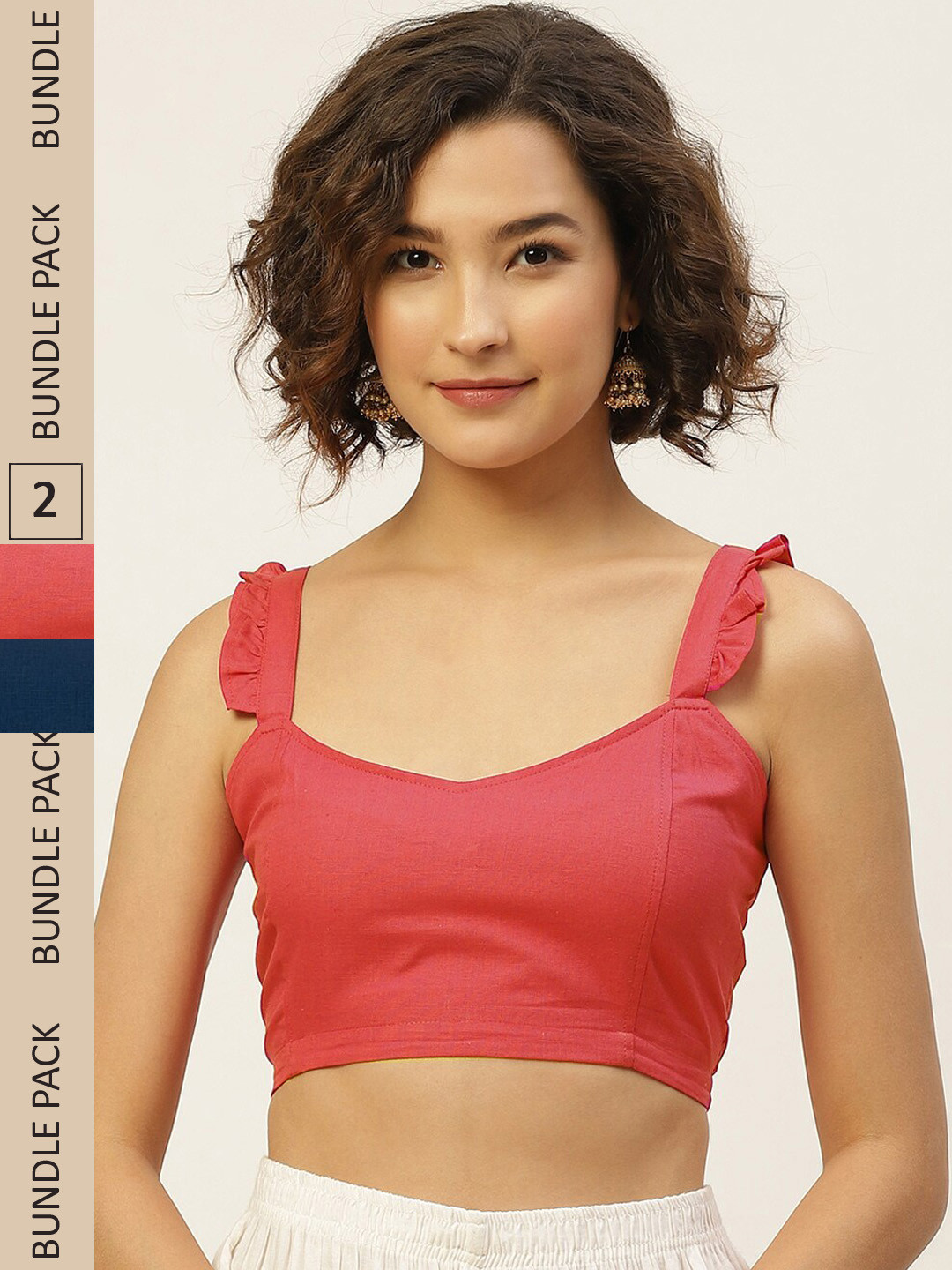 Molcha Women Pack Of 2 Peach & Teal Solid Cotton Non-Padded Saree Blouse