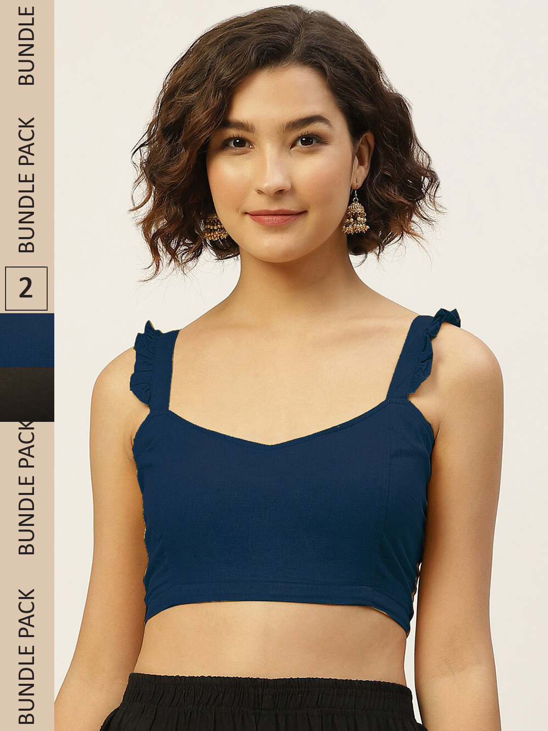 Molcha Pack Of 2 Black & Teal Solid Pure Cotton Saree Blouse