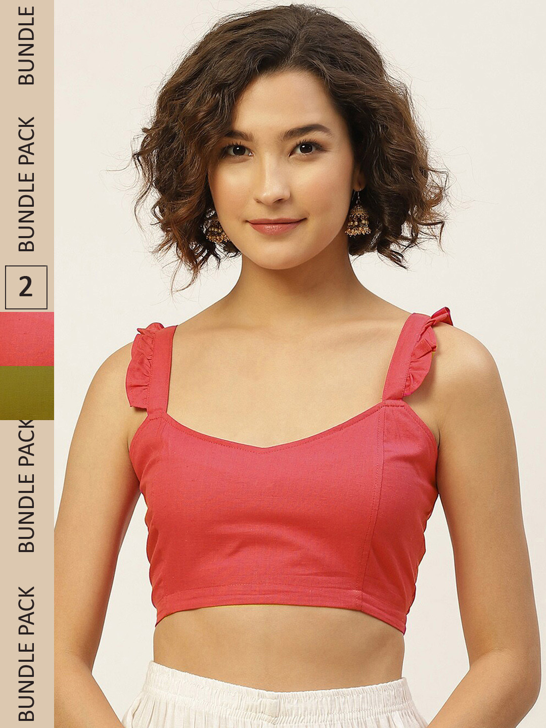 Molcha Pack Of 2 Peach & Olive Green Solid Pure Cotton  Saree Blouse