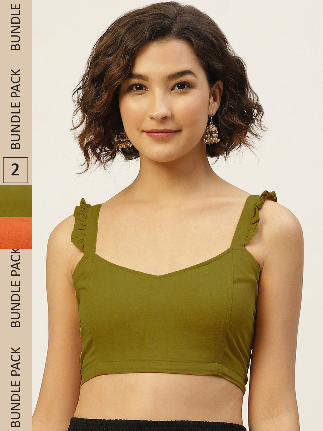 Molcha Women Pack Of 2 Rust & Olive  Solid Cotton Saree Blouse