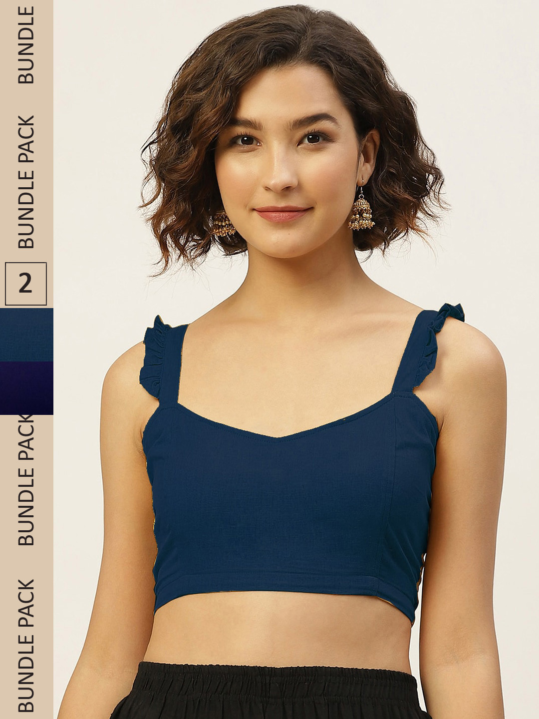 Molcha Women Pack Of 2 Navy Blue & Teal Solid Cotton Non-Padded Saree Blouse