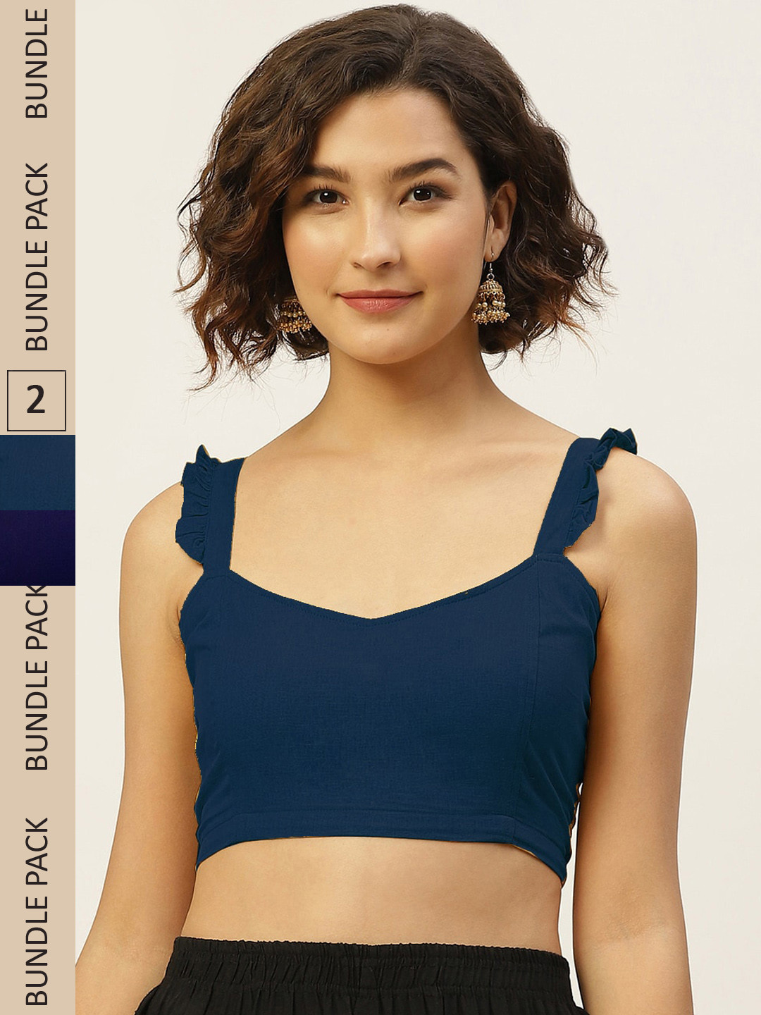 Molcha Women Pack of 3 Navy Blue & Brown Solid Non Padded Pure Cotton Blouse